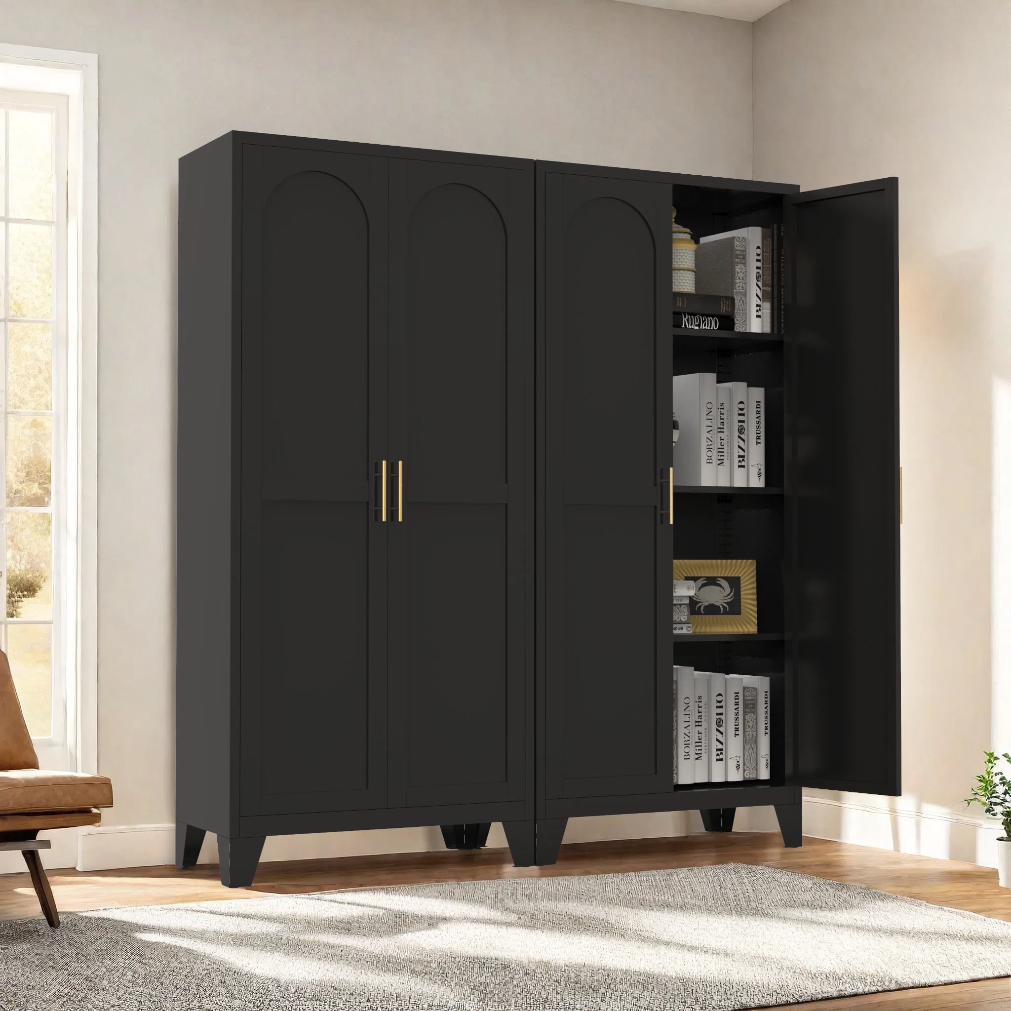 Mintazer 61" Tall Metal Storage Cabinet with 2 Door & Gold Handles, Freestanding Arched Accent Cabinet with Adjustable Shelves for Kitchen Living Room Bedroom, Black