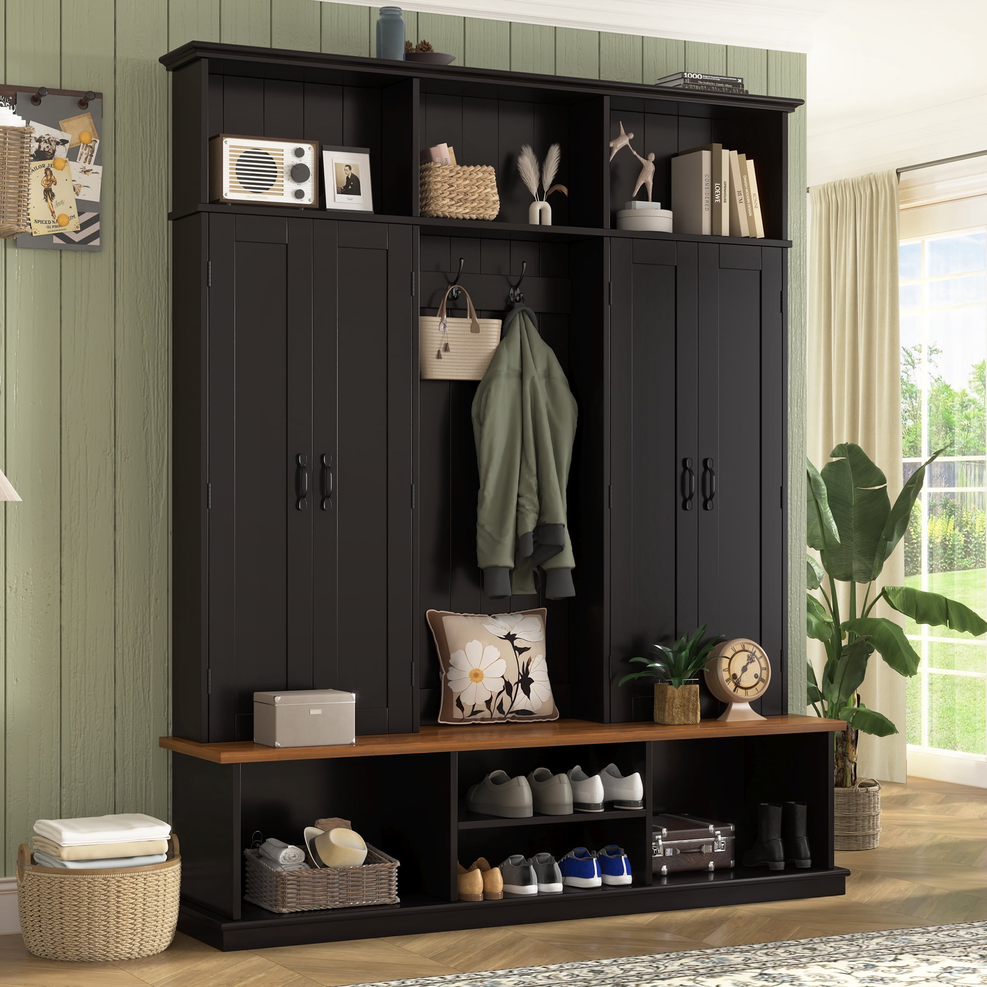 Mintazer 62.2"W Entryway Hall Tree with Coat Rack, Storage Bench & 3 Top Cubbies, Freestanding Shoe Cabinets for Hallway, Mudroom, Bedroom, Black