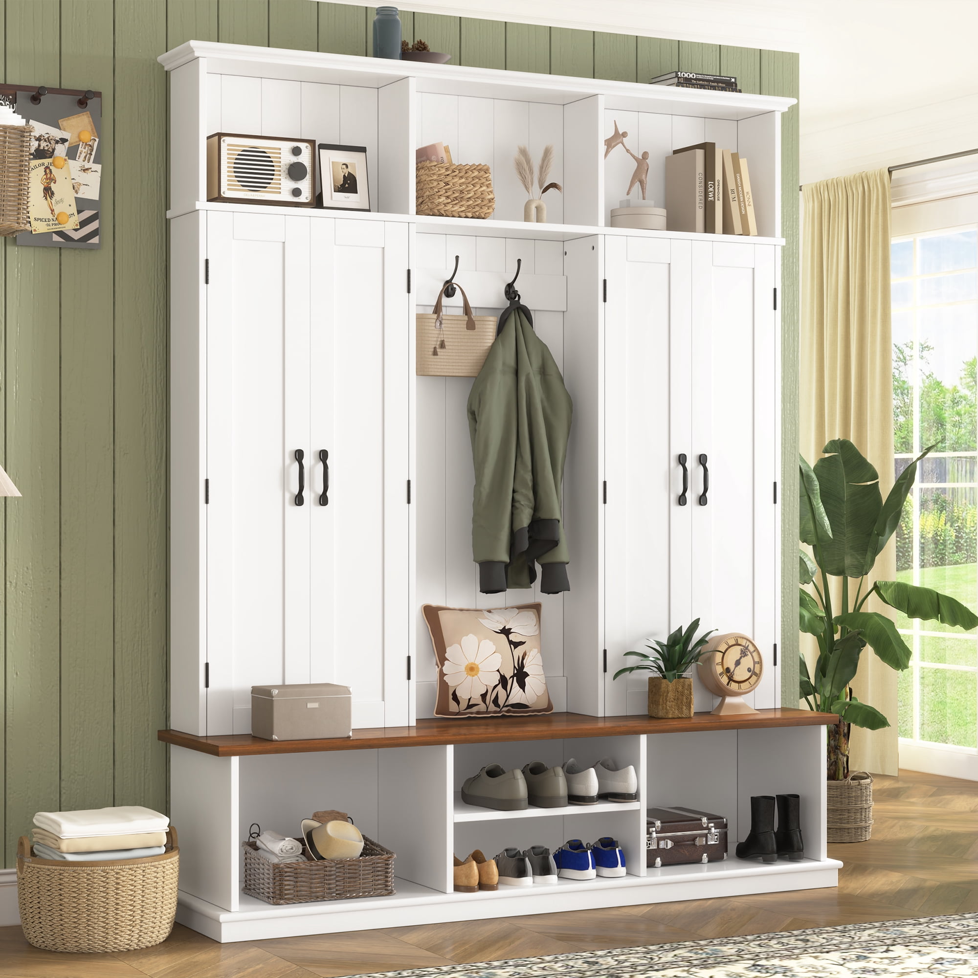 Mintazer 62.2"W Entryway Hall Tree with Coat Rack, Storage Bench & 3 Top Cubbies, Freestanding Shoe Cabinets for Hallway, Mudroom, Bedroom, White