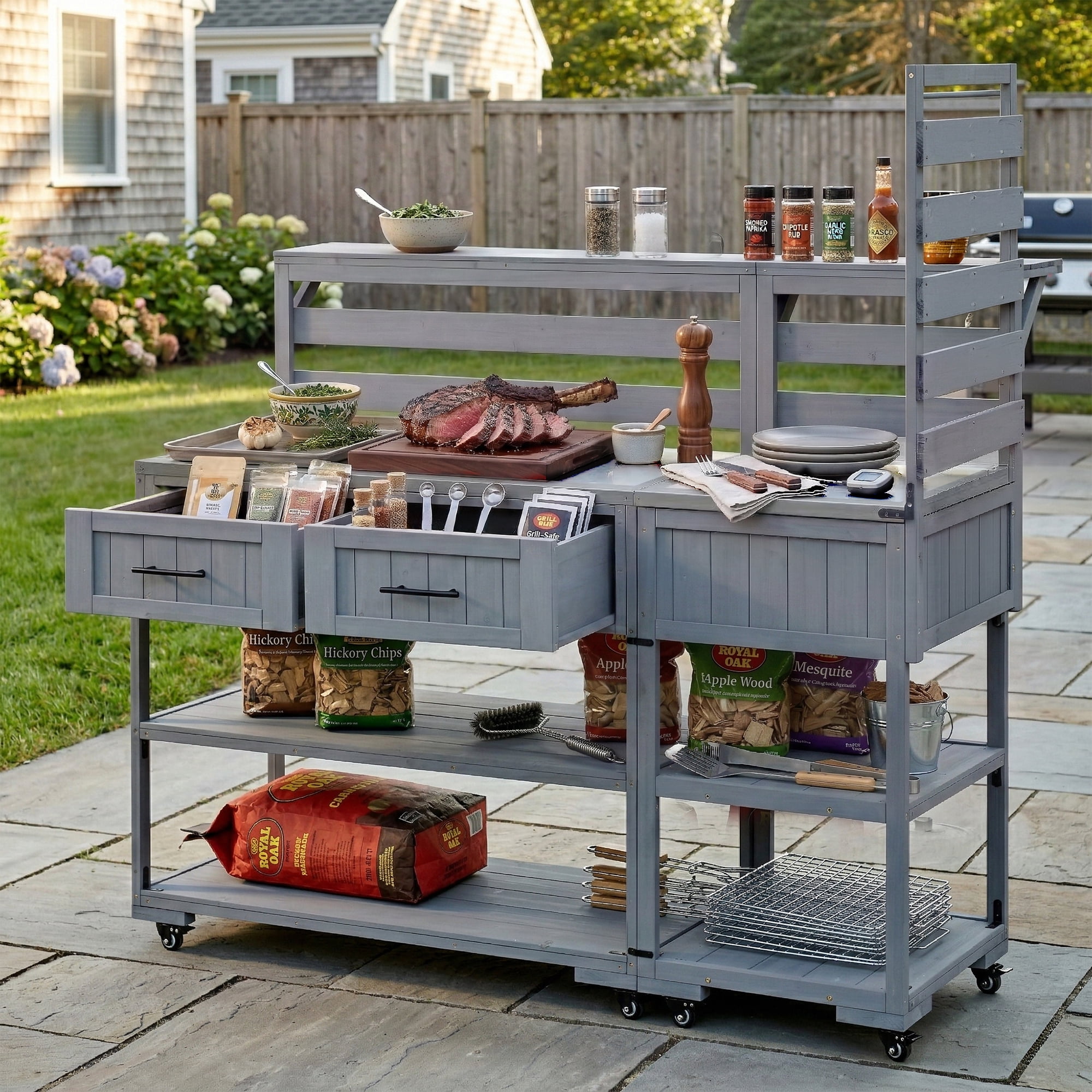 Mintazer 62.3" Patio Kitchen Island Cart with Raised Shelf and Drawers, 2-in-1 Outdoor BBQ Grill Cart & Garden Potting Bench, Rolling Workstation with Stainless Steel Top, Gray