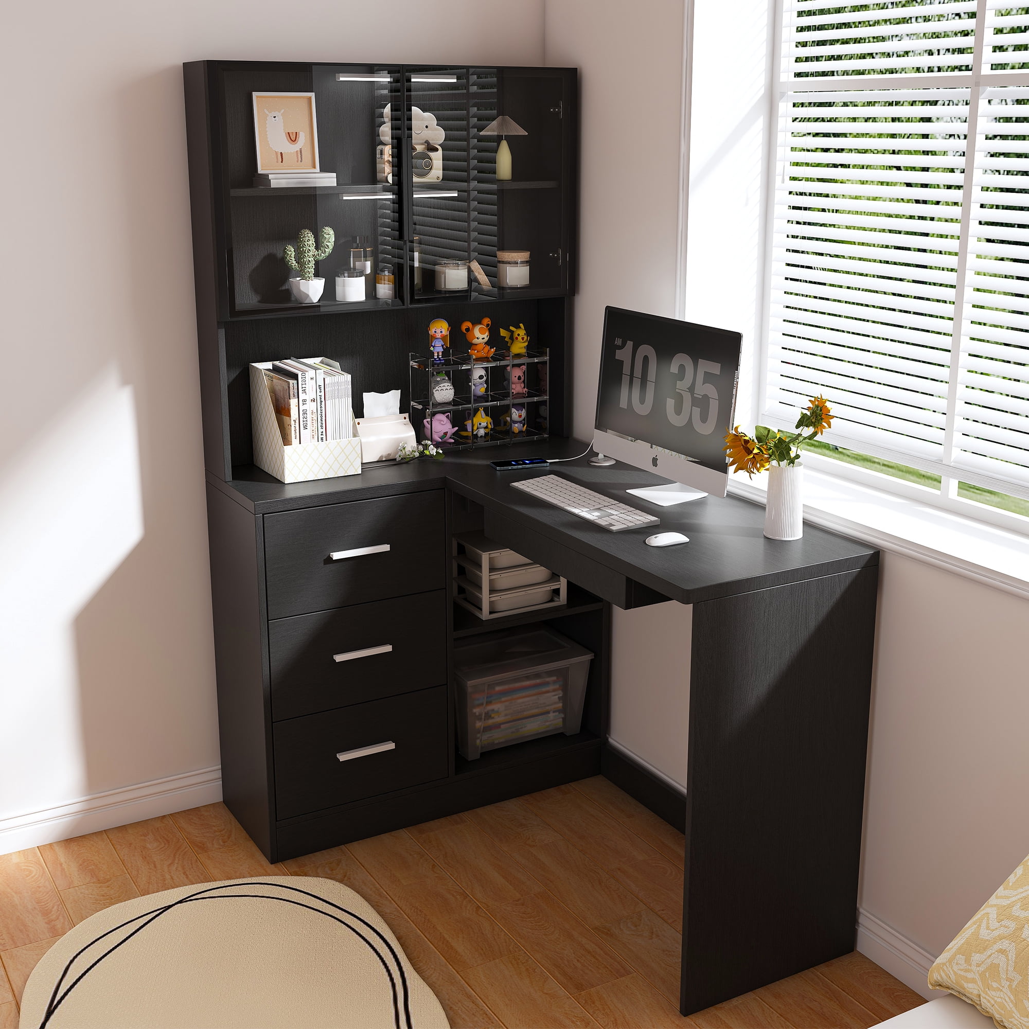 Mintazer 62" L-Shaped Desk with Hutch and LED Light & Power Outlet, Corner Computer Desk with Drawers & Glass Cabinet and Keyboard Tray, Writing Desk for Home Office Workspaces, Black