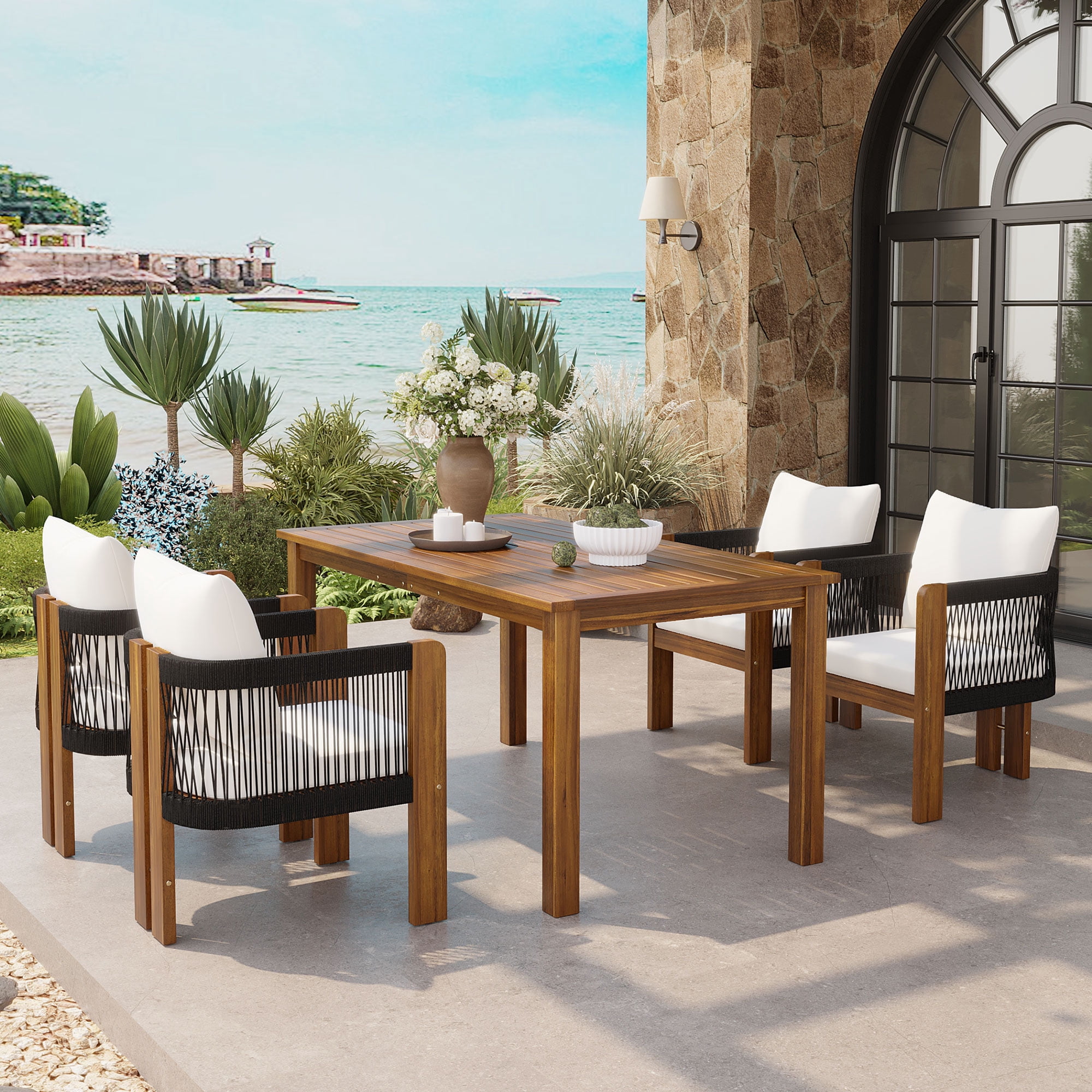Mintazer 63" 5-Piece Outdoor Dining Set with Rope Woven High Back Chairs & Cushions, Farmhouse Dining Furniture Set for Garden Backyard Poolside, Brown & Black