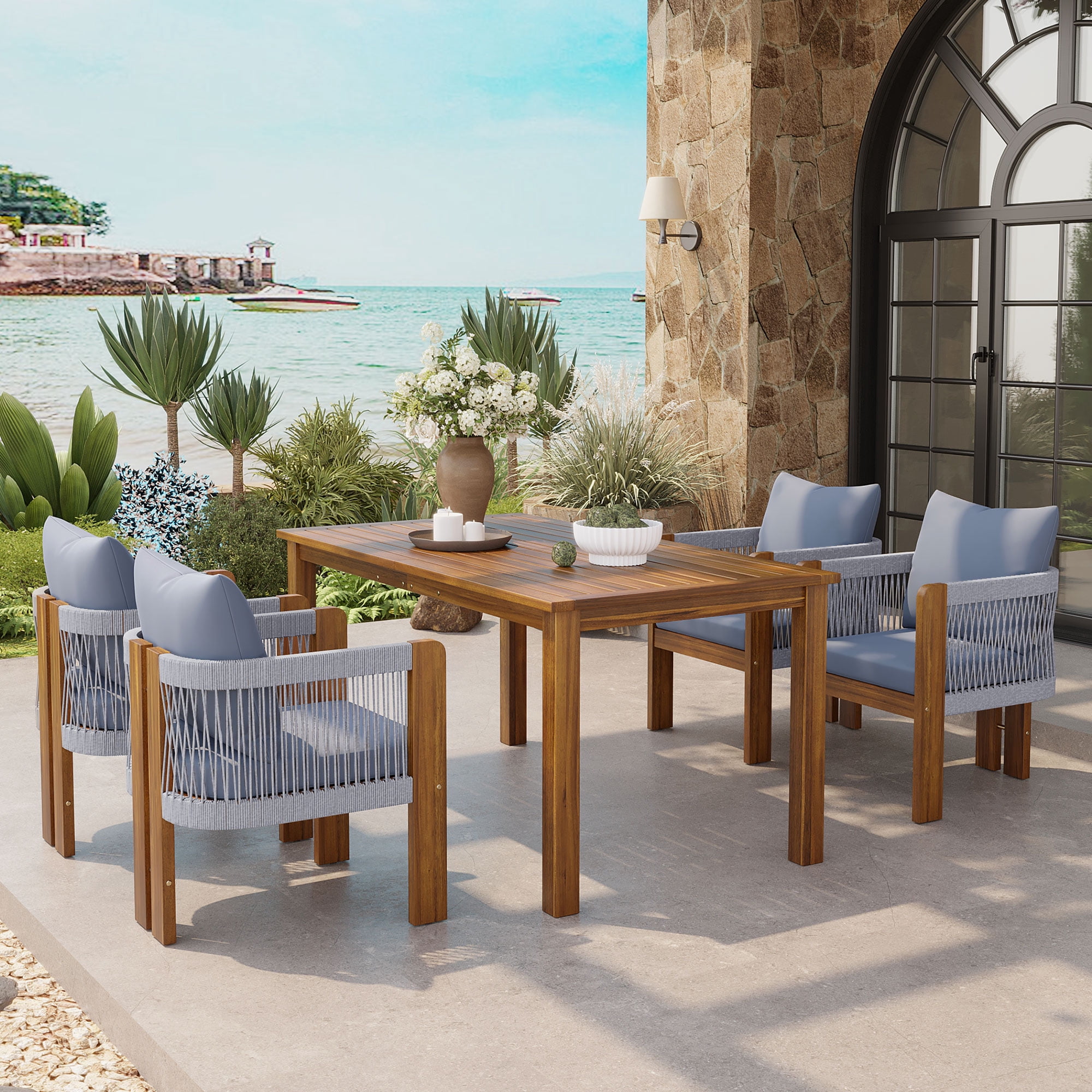 Mintazer 63" 5-Piece Outdoor Dining Set with Rope Woven High Back Chairs & Cushions, Farmhouse Dining Furniture Set for Garden Backyard Poolside, Brown & Gray