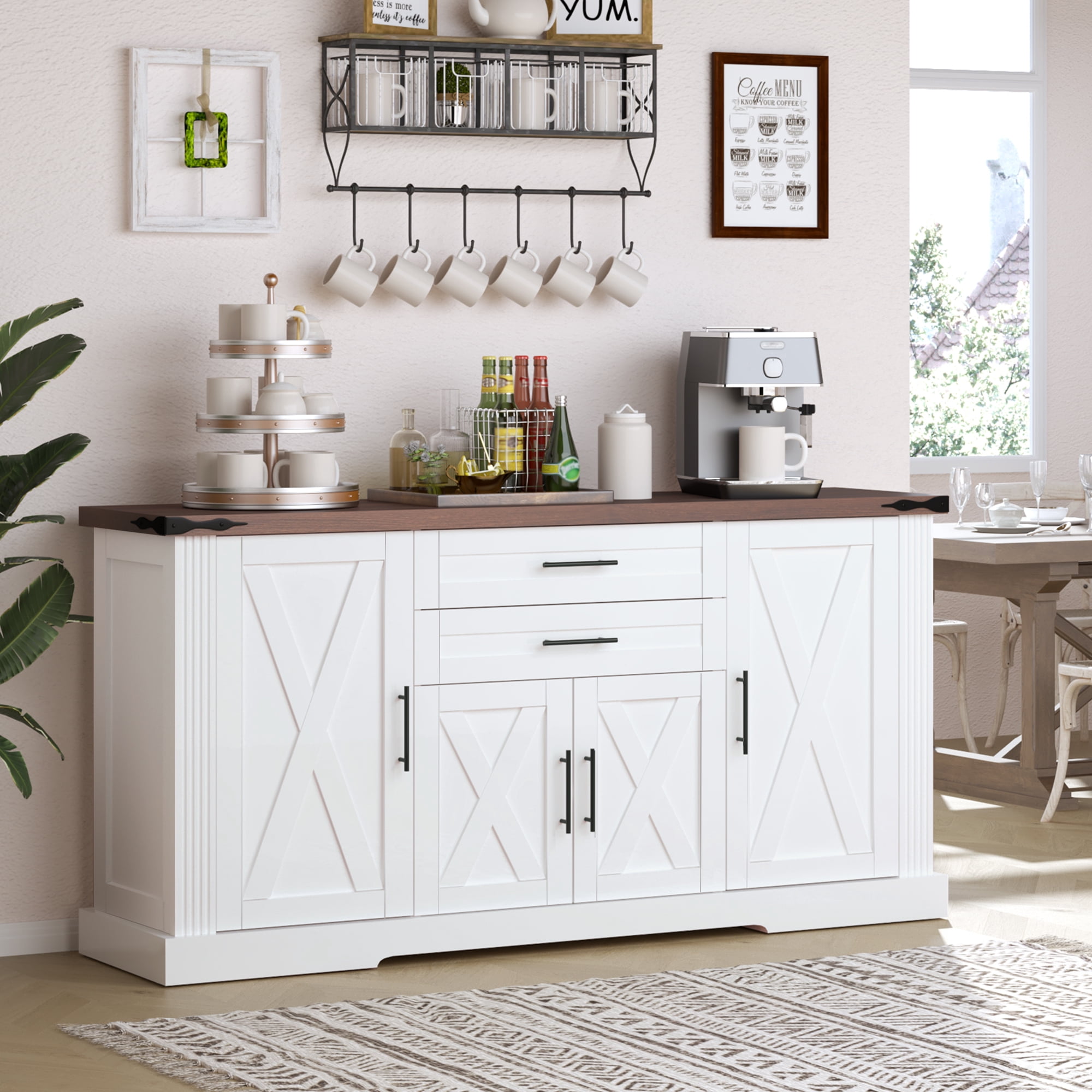 Mintazer 63" Farmhouse Sideboard Buffet Cabinet with 2 Drawers & Door Rack, Modern Storage Cabinet with Adjustable Shelves for Entryway Kitchen Living Room Dining Room, White
