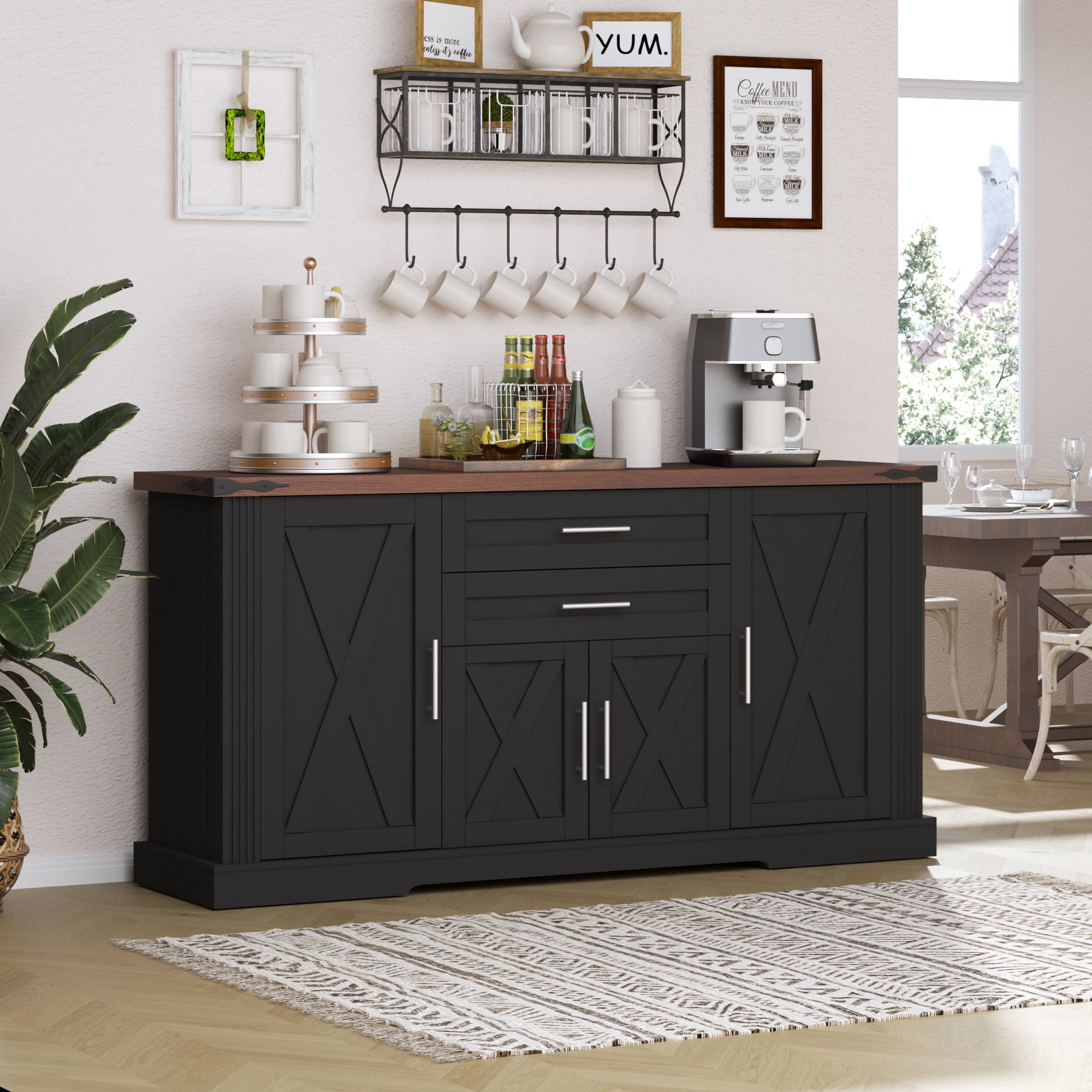 Mintazer 63" Farmhouse Sideboard Buffet Cabinet with 2 Drawers & Door Rack, Modern Storage Cabinet with Adjustable Shelves for Entryway Kitchen Living Room Dining Room, Black