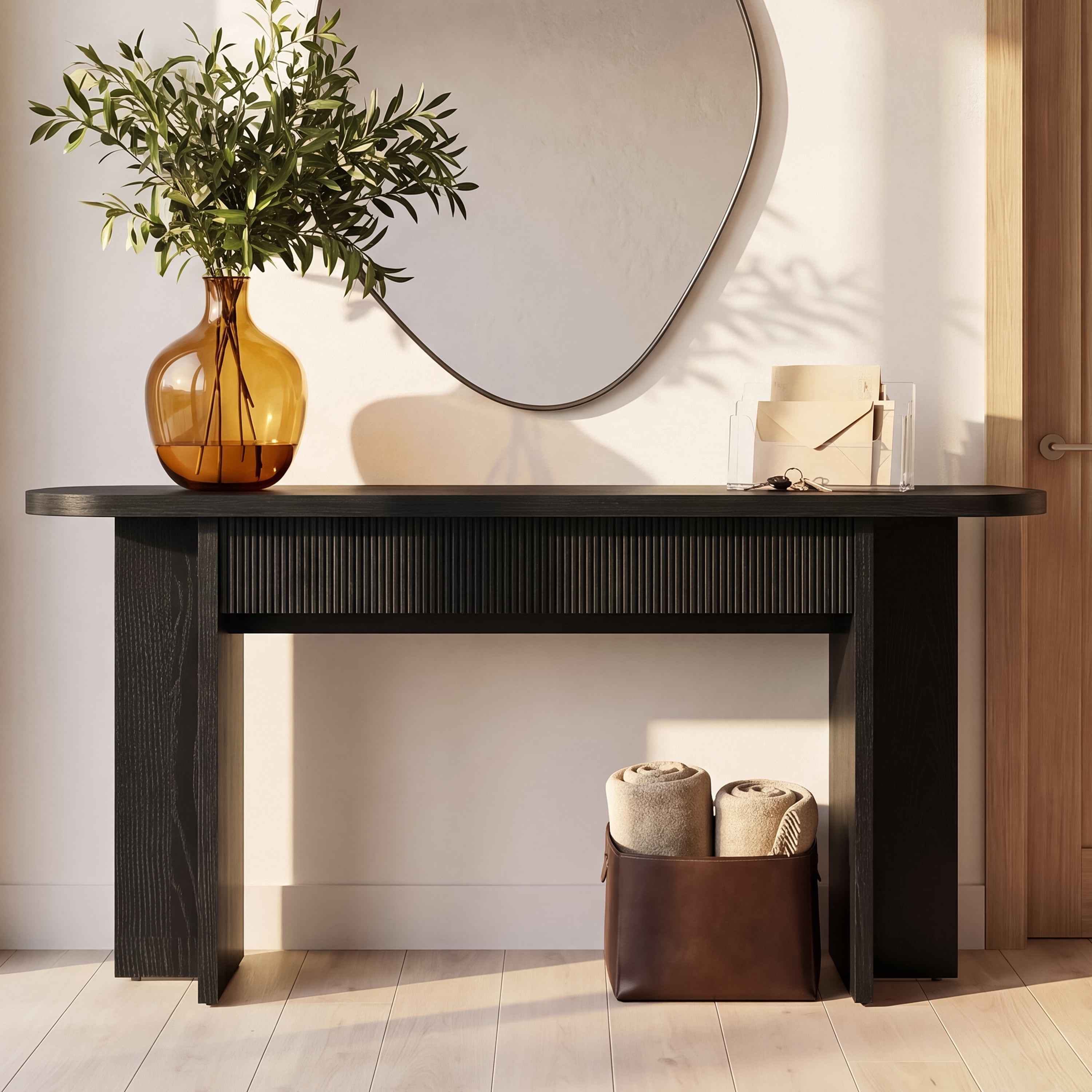 Mintazer 63" Fluted Console Table with 2 Drawers, Modern Entryway Tables with Storage, Sofa Table for Entryway Hallway Living Room, Black