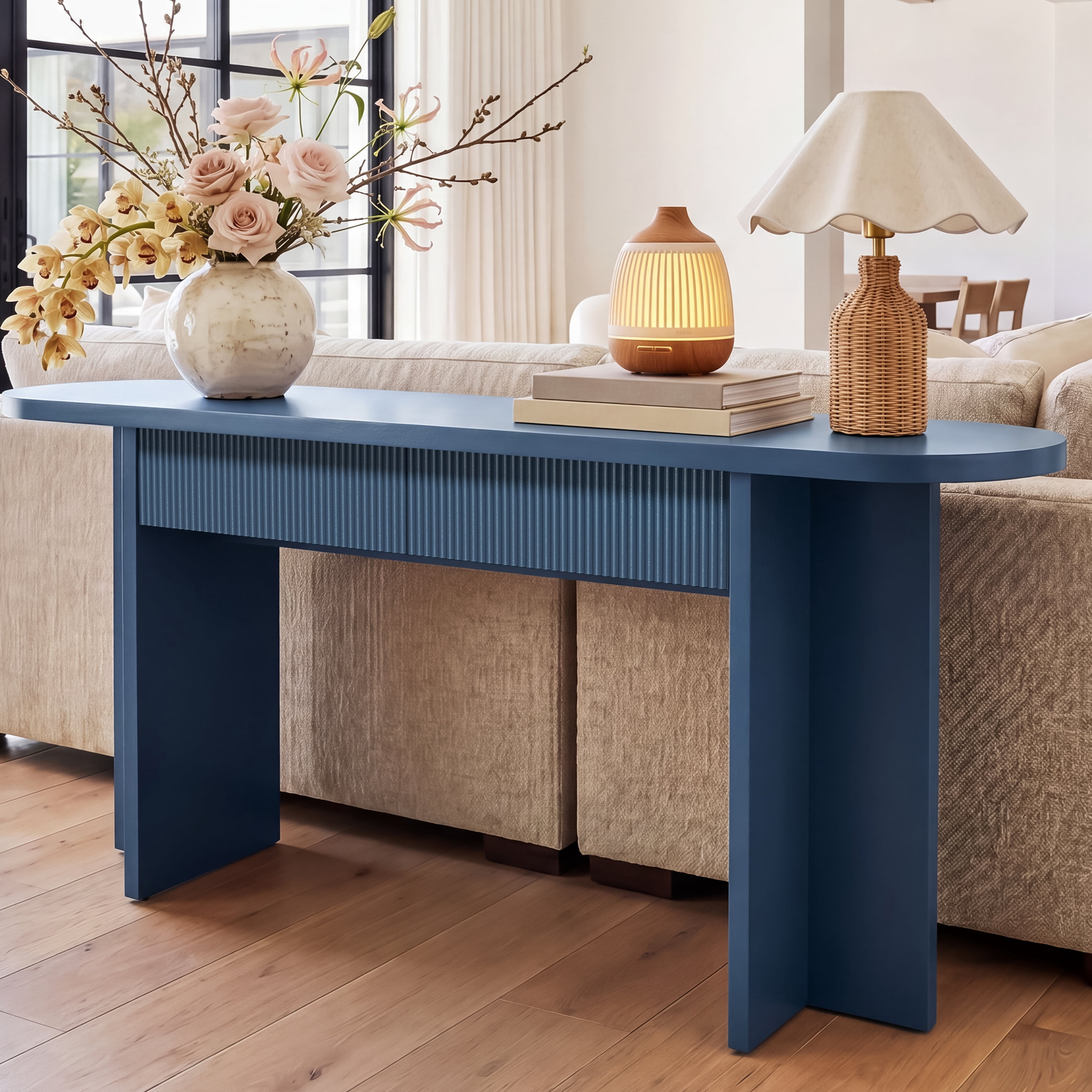 Mintazer 63" Fluted Console Table with 2 Drawers, Modern Entryway Tables with Storage, Sofa Table for Entryway Hallway Living Room, Blue
