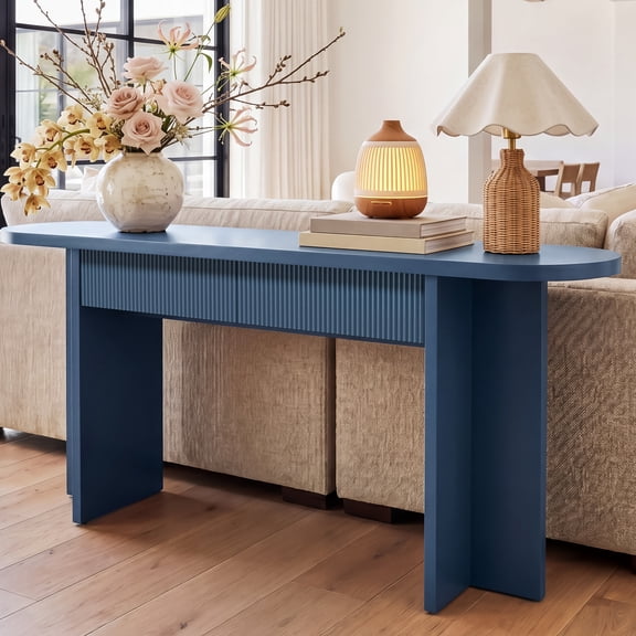 Mintazer 63" Fluted Console Table with 2 Drawers, Modern Entryway Tables with Storage, Sofa Table for Entryway Hallway Living Room, Blue