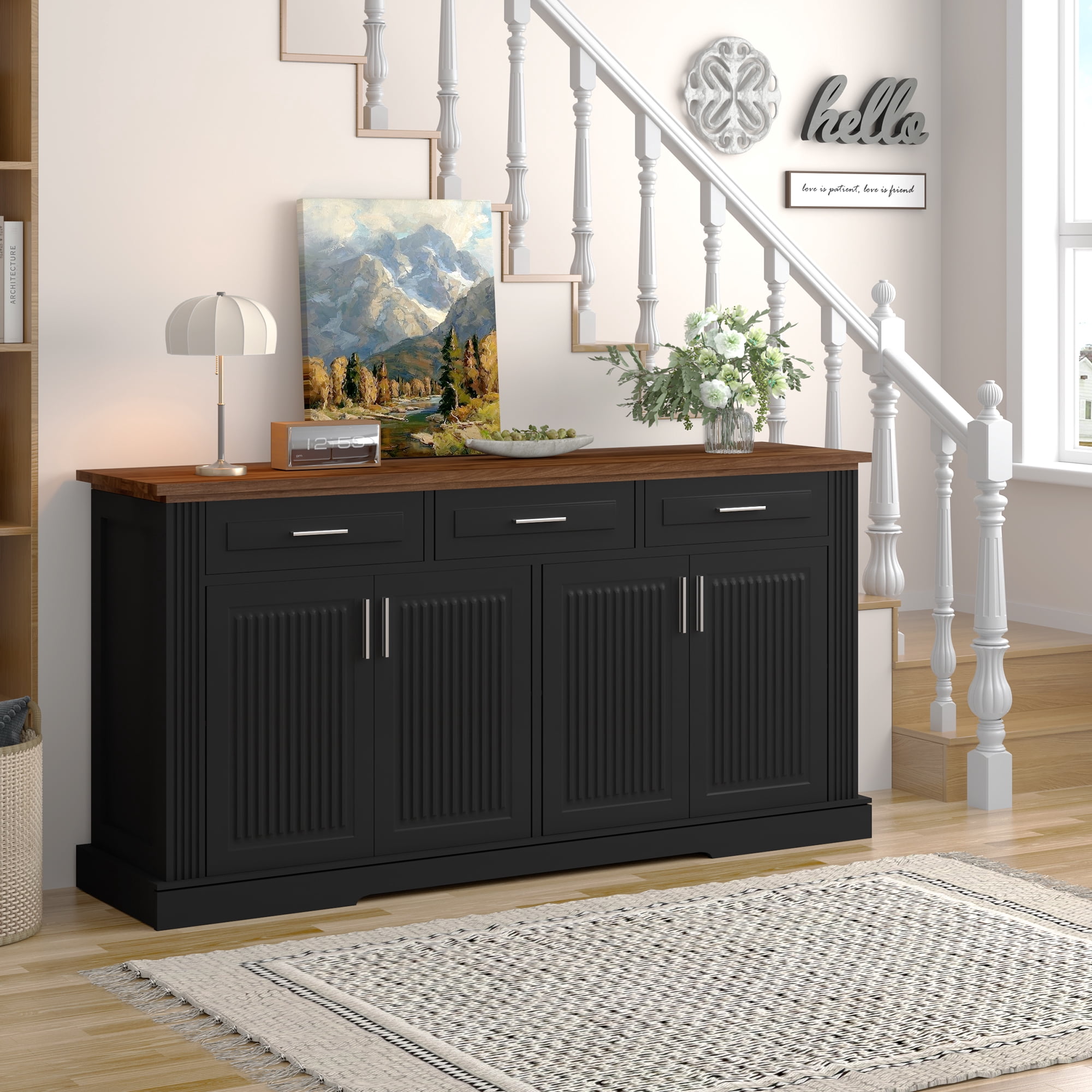 Mintazer 63" Fluted Sideboard Buffet Cabinet with Storage, Kitchen Storage Console Table with 4 Doors and 3 Drawers, Modern Coffee Bar Station for Entryway Kitchen Living Room Dining Room, White