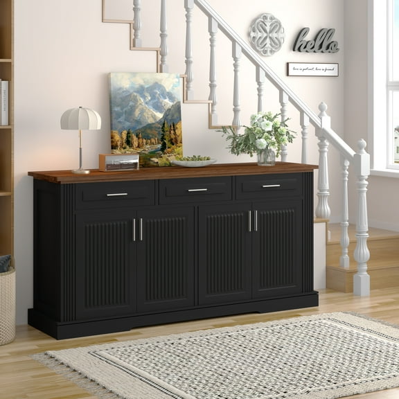 Mintazer 63" Fluted Sideboard Buffet Cabinet with Storage, Kitchen Storage Console Table with 4 Doors and 3 Drawers, Modern Coffee Bar Station for Entryway Kitchen Living Room Dining Room, Black