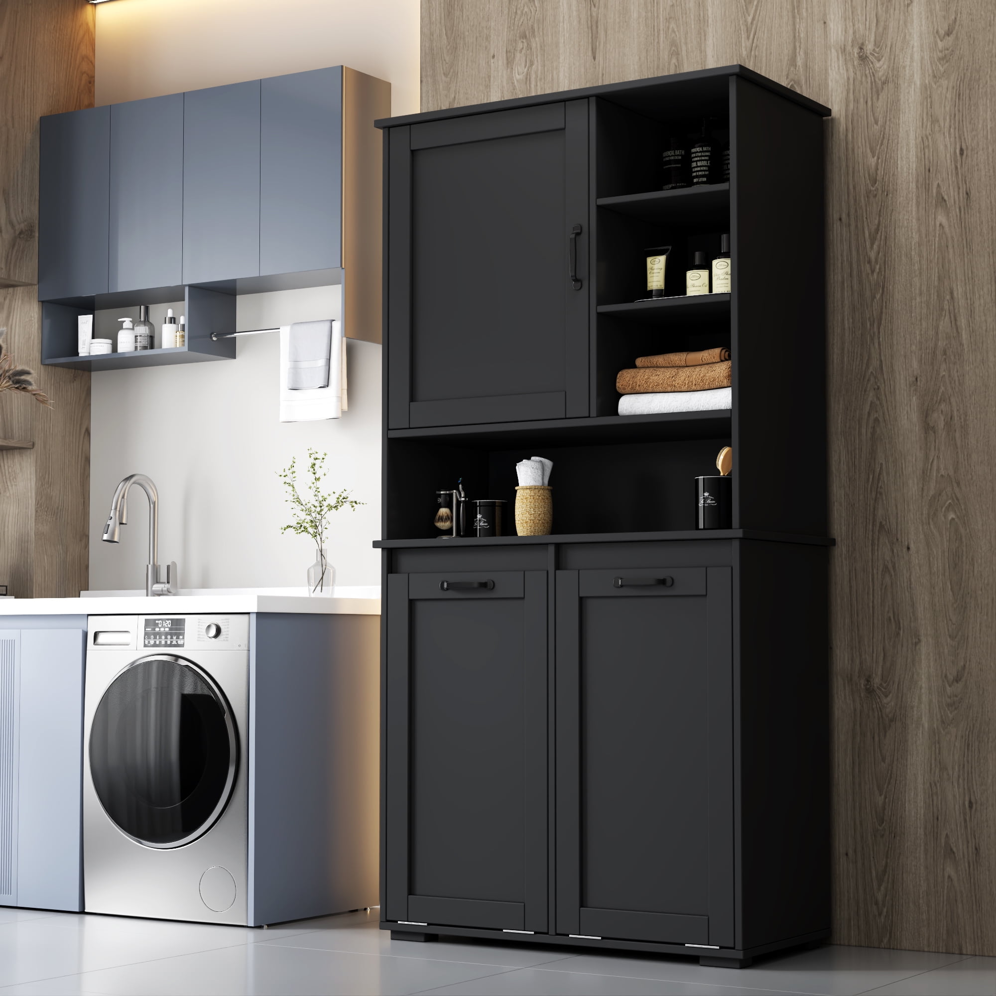 Mintazer 63" H Bathroom Storage Cabinet with 2 Tilt Out Laundry Hampers, Freestanding Laundry Cabinet with Adjustable Shelves, Black