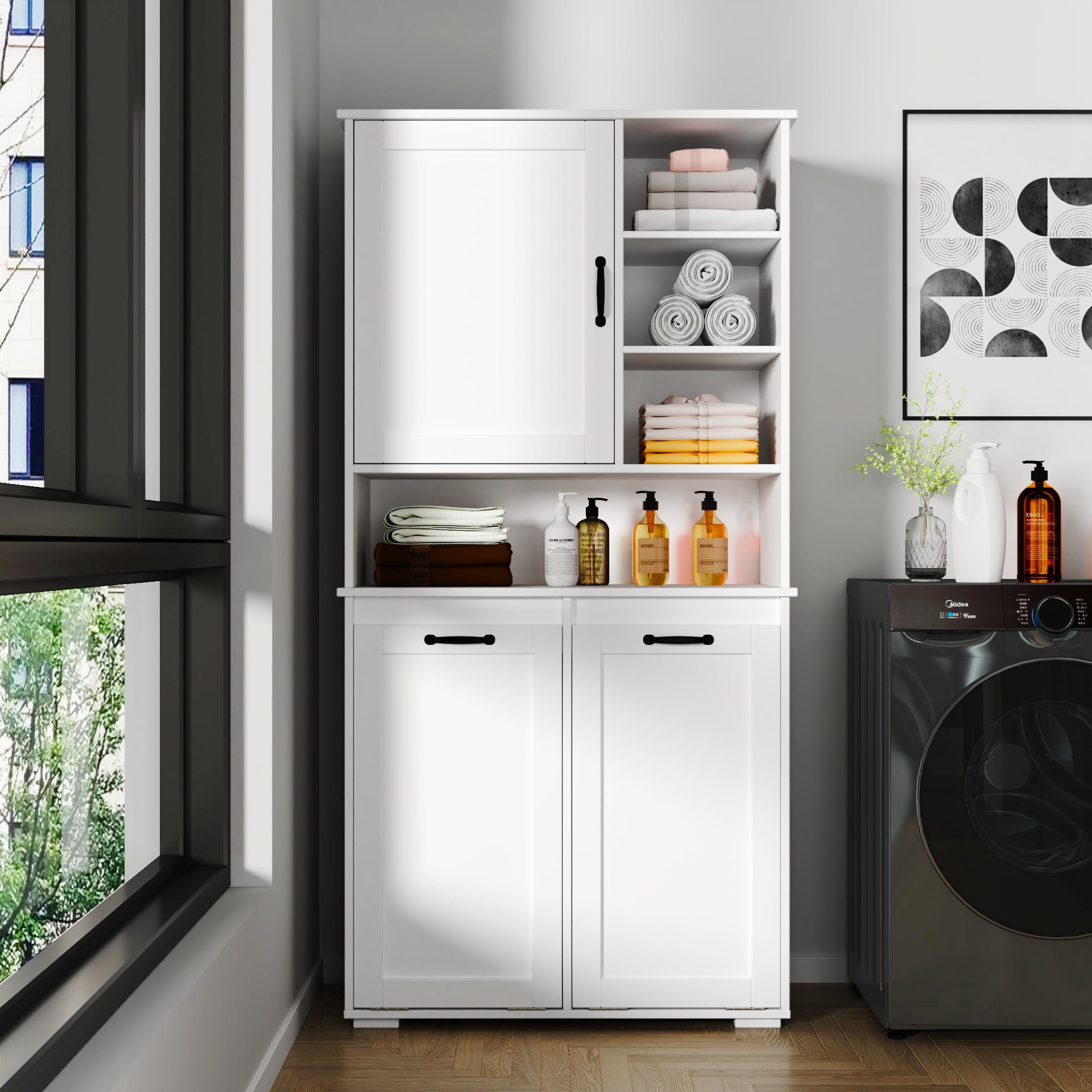 Mintazer 63" H Bathroom Storage Cabinet with 2 Tilt Out Laundry Hampers, Freestanding Laundry Cabinet with Adjustable Shelves, White
