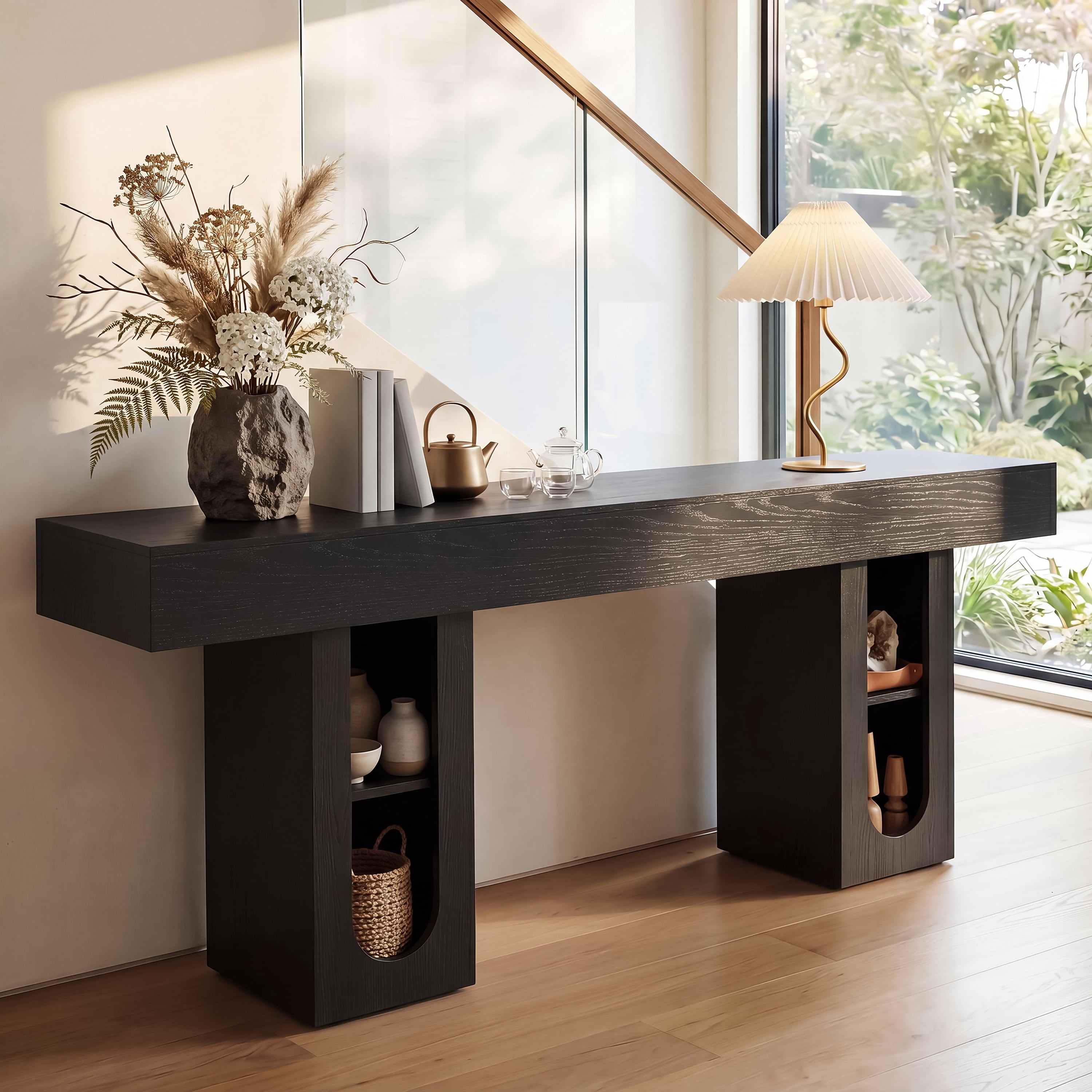 Mintazer 63" Modern U-Shaped Console Table with Charge Station, Entryway Table with Storage Shelves, Sofa Table for Entryway Hallway Living Room, Black