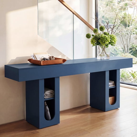 Mintazer 63" Modern U-Shaped Console Table with Charge Station, Entryway Table with Storage Shelves, Sofa Table for Entryway Hallway Living Room, Blue