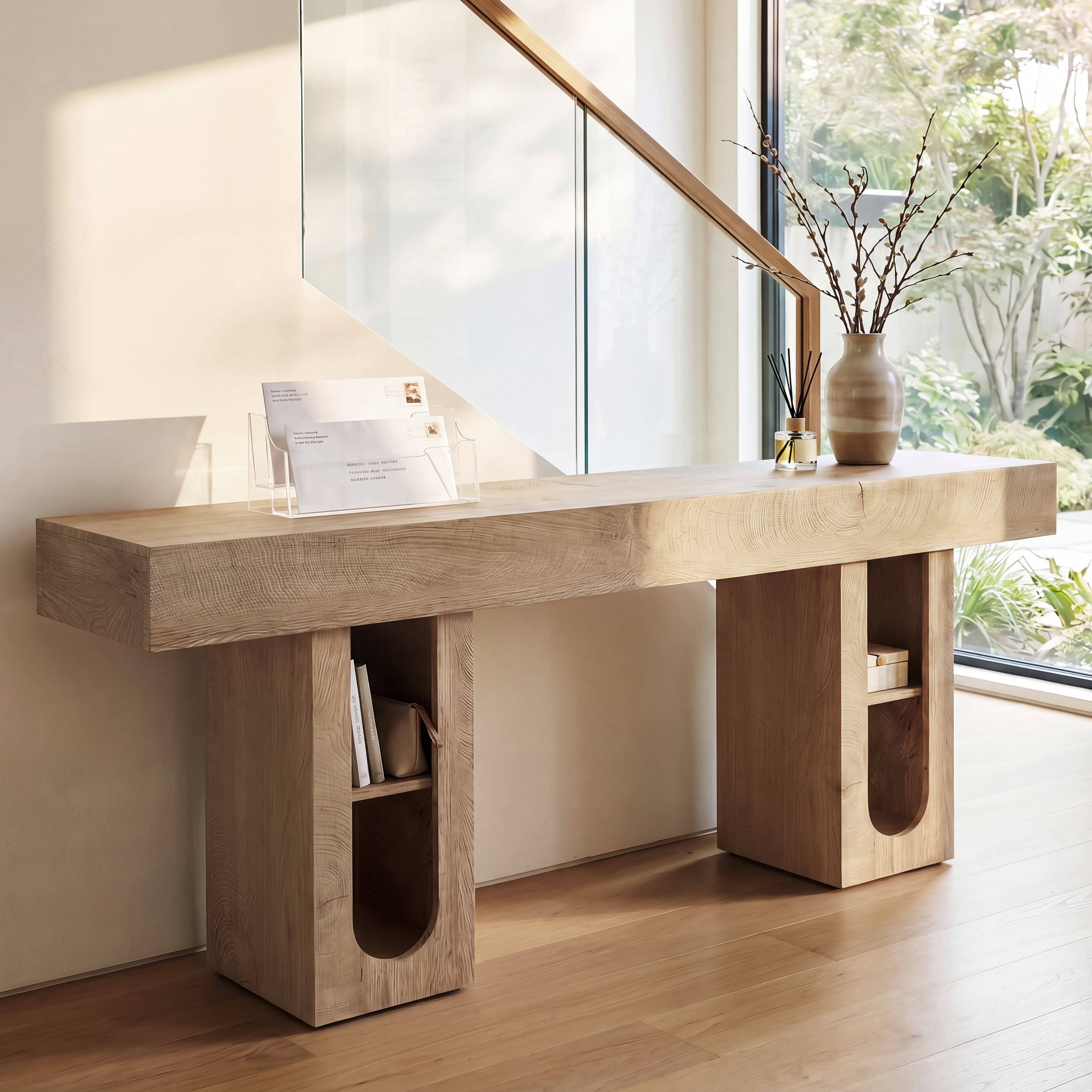 Mintazer 63" Modern U-Shaped Console Table with Charge Station, Entryway Table with Storage Shelves, Sofa Table for Entryway Hallway Living Room, Natural
