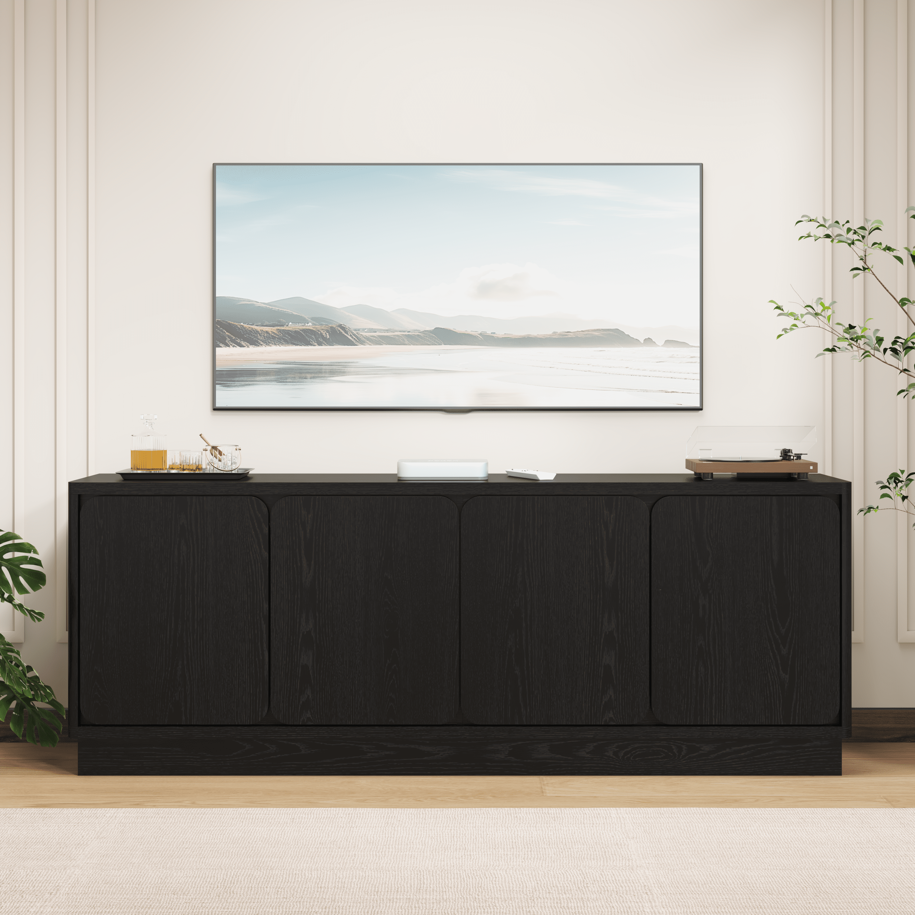Mintazer 63'' TV Stand with 4 Storage Doors, Low Profile Storage Media Console Table with Cable Holes for Living Room, Kitchen, Bedroom & Entryway, Black