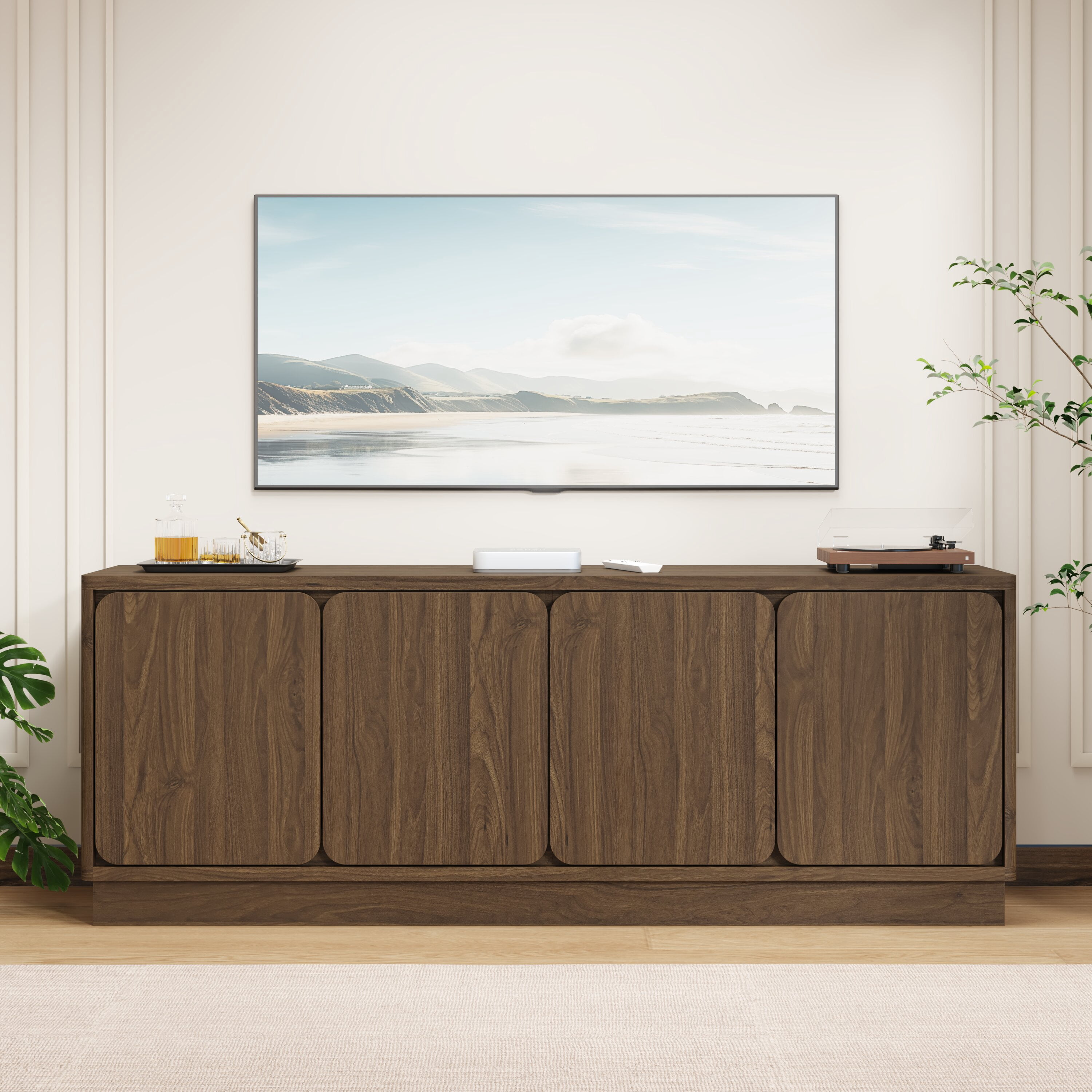 Mintazer 63'' TV Stand with 4 Storage Doors, Low Profile Storage Media Console Table with Cable Holes for Living Room, Kitchen, Bedroom & Entryway, Walnut