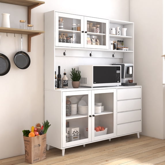 Mintazer 63" W Large Kitchen Hutch Cabinet with 4 Doors & 4 Drawers, Freestanding Pantry Storage with Microwave Shelf for Kitchen Dining Room, White