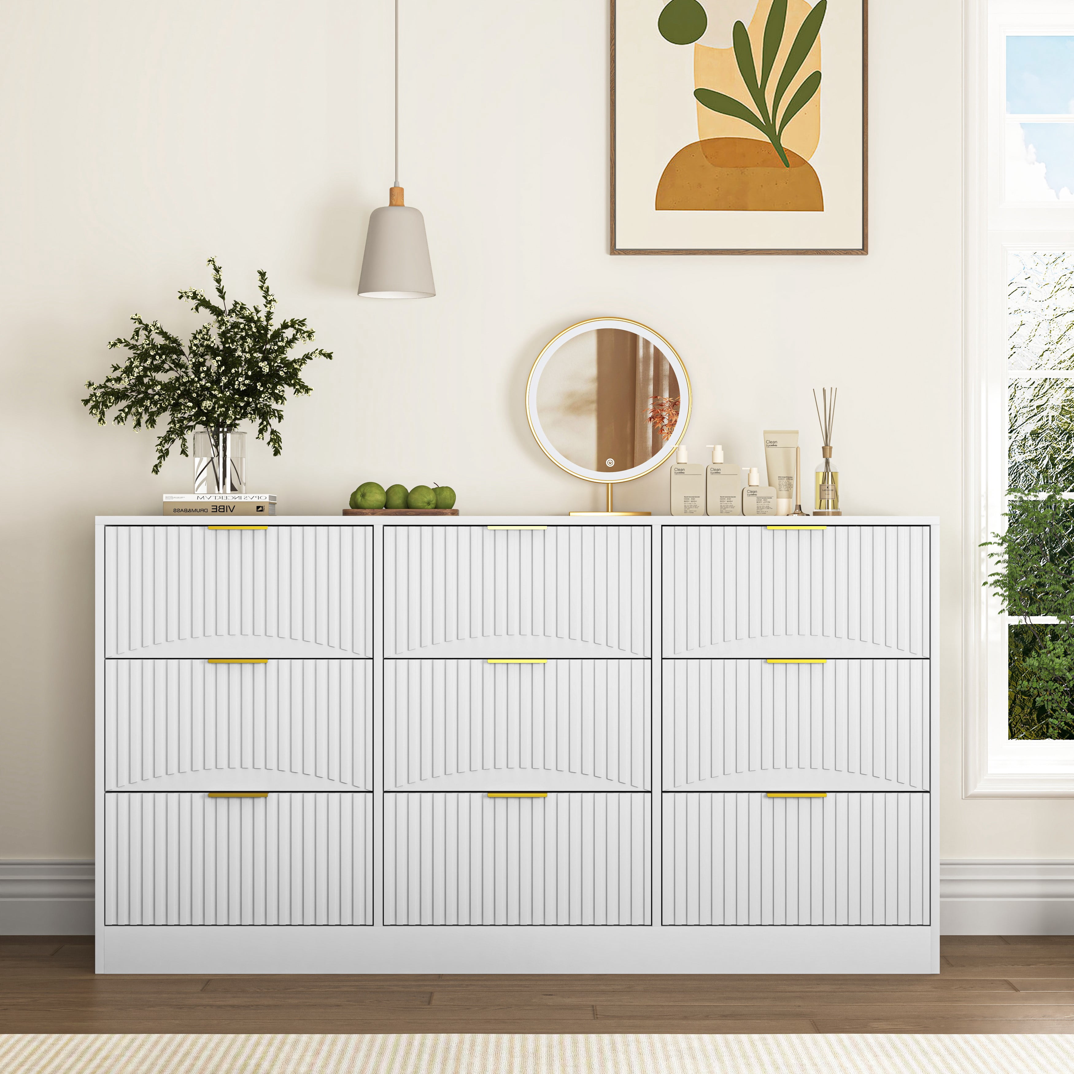 Mintazer 63" Wide Dresser with 9 Drawer, Modern Chest Cabinet with Wavy Fluted Panel & Gold Metal Handles for Bedroom Entryway, White