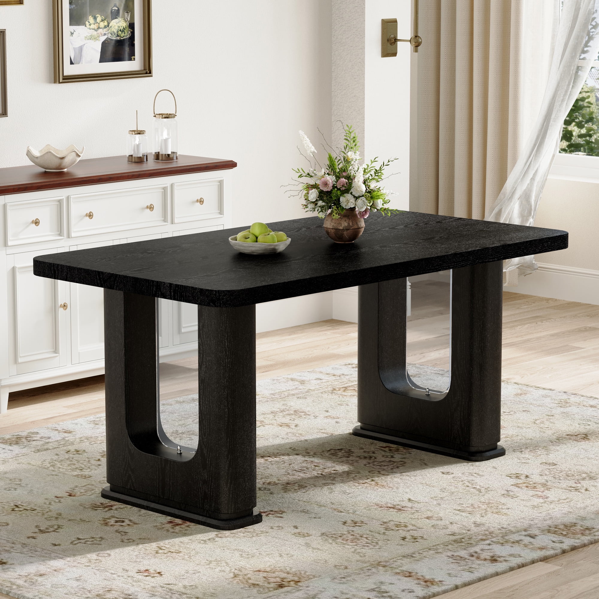 Mintazer 64 Inch Modern Black Wood Grain Rectangular Dining Table with Tempered Glass Inset Legs, Minimalist Kitchen Table for 6-8 People, Black