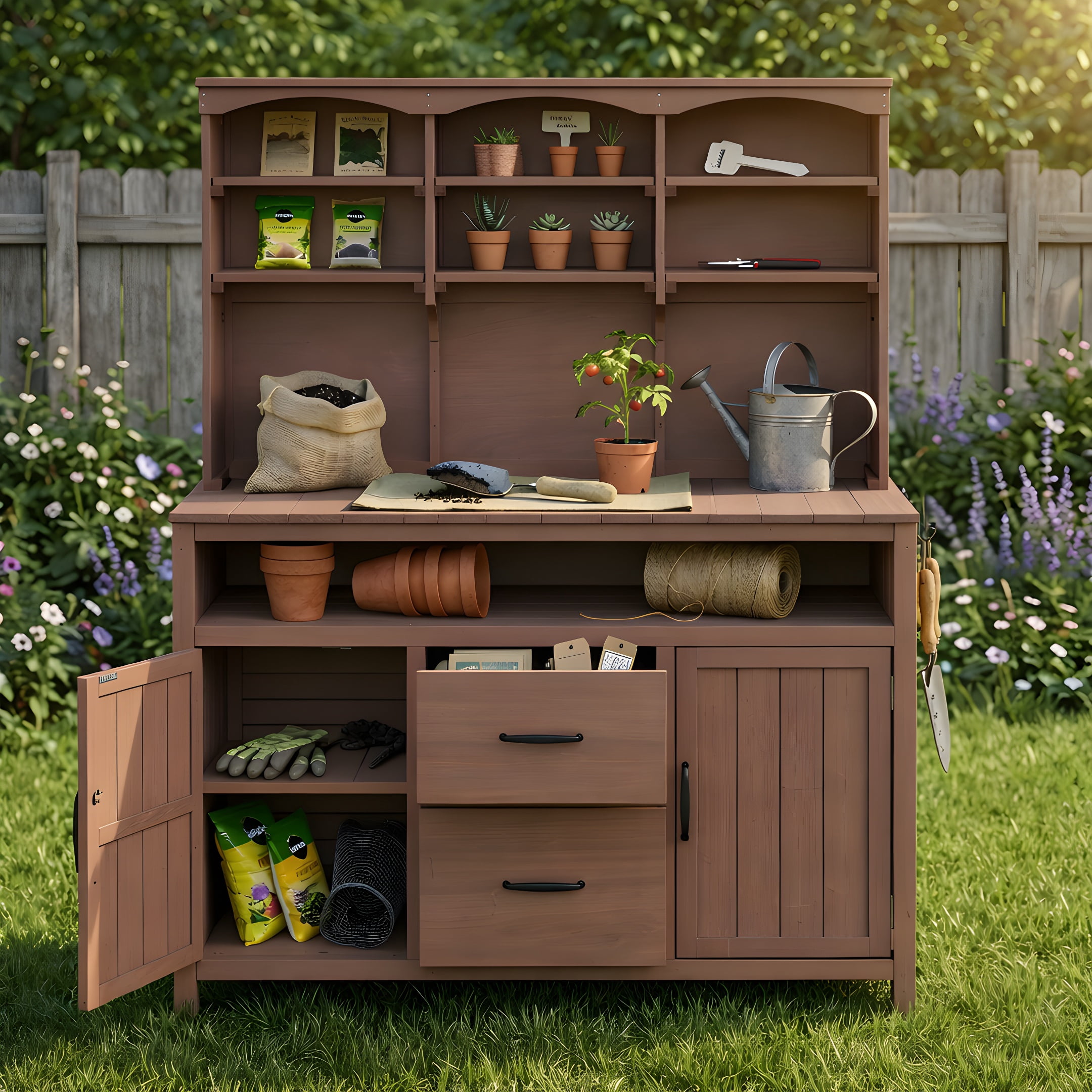 Mintazer 65"H Outdoor Potting Bench with Cabinets, Multi-Functional Patio Kitchen Island with 2 Drawers & Hooks, Large Countertop for Gardening Grill, Brown