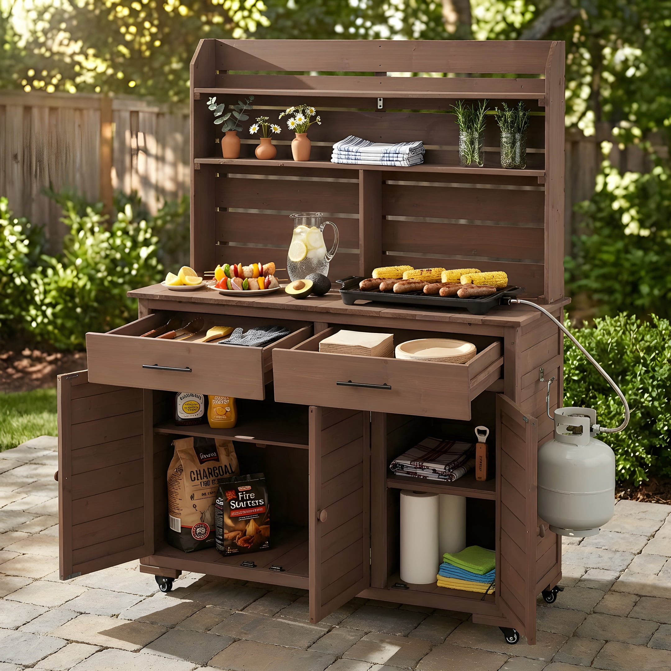 Mintazer 65"H Rolling Outdoor Potting Bench with 2 Drawers & Storage Cabinet, Farmhouse Kitchen Island Prep Cart with Hutch Top & Shelves, Brown