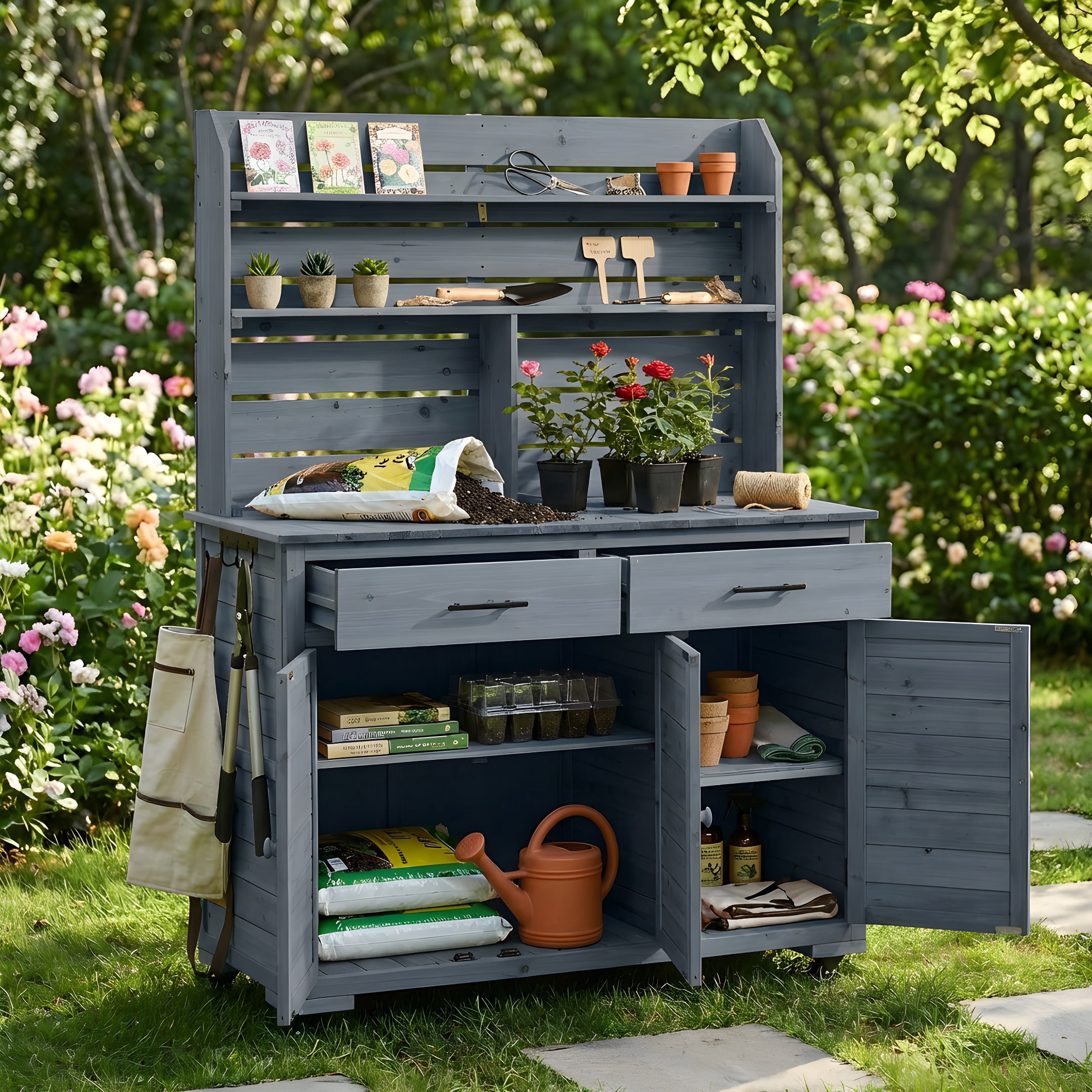 Mintazer 65"H Rolling Outdoor Potting Bench with 2 Drawers & Storage Cabinet, Farmhouse Kitchen Island Prep Cart with Hutch Top & Shelves, Gray