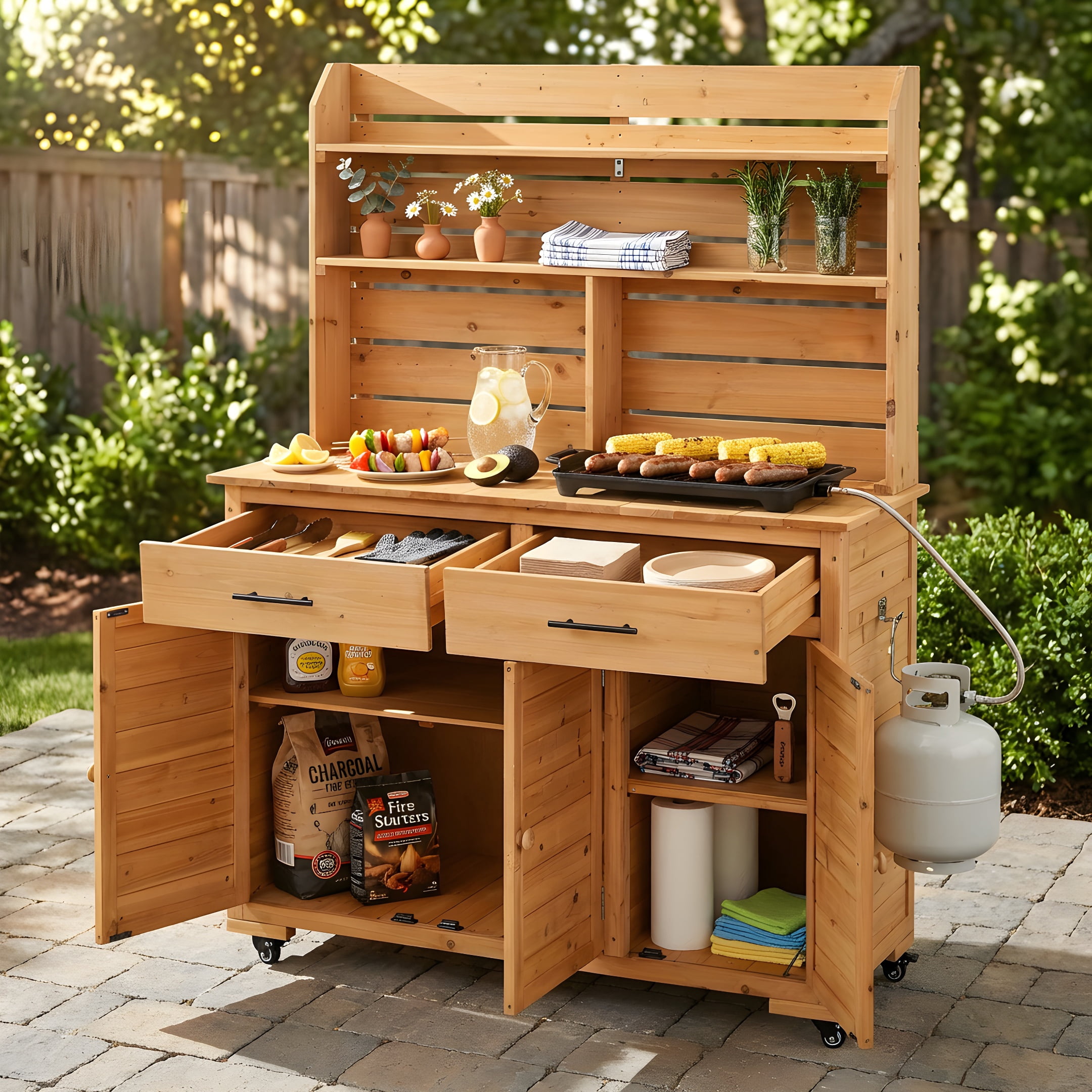 Mintazer 65"H Rolling Outdoor Potting Bench with 2 Drawers & Storage Cabinet, Farmhouse Kitchen Island Prep Cart with Hutch Top & Shelves, Natural