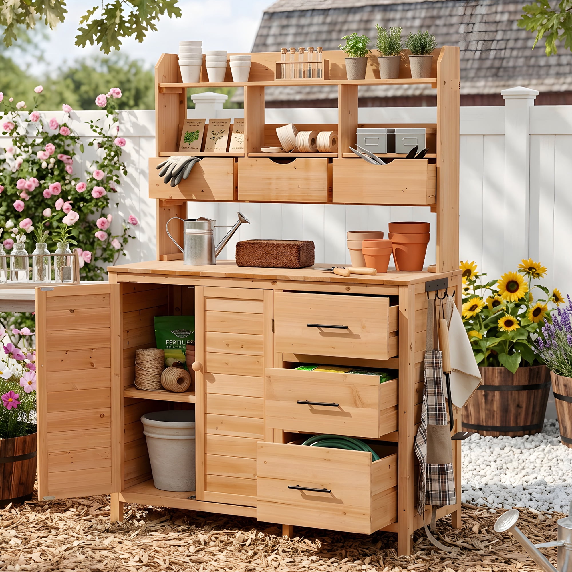 Mintazer 65" Outdoor Farmhouse Potting Bench, Freestanding Garden Workstation with 6 Drawers, Cabinet, Open Shelves & Side Hook, Natural