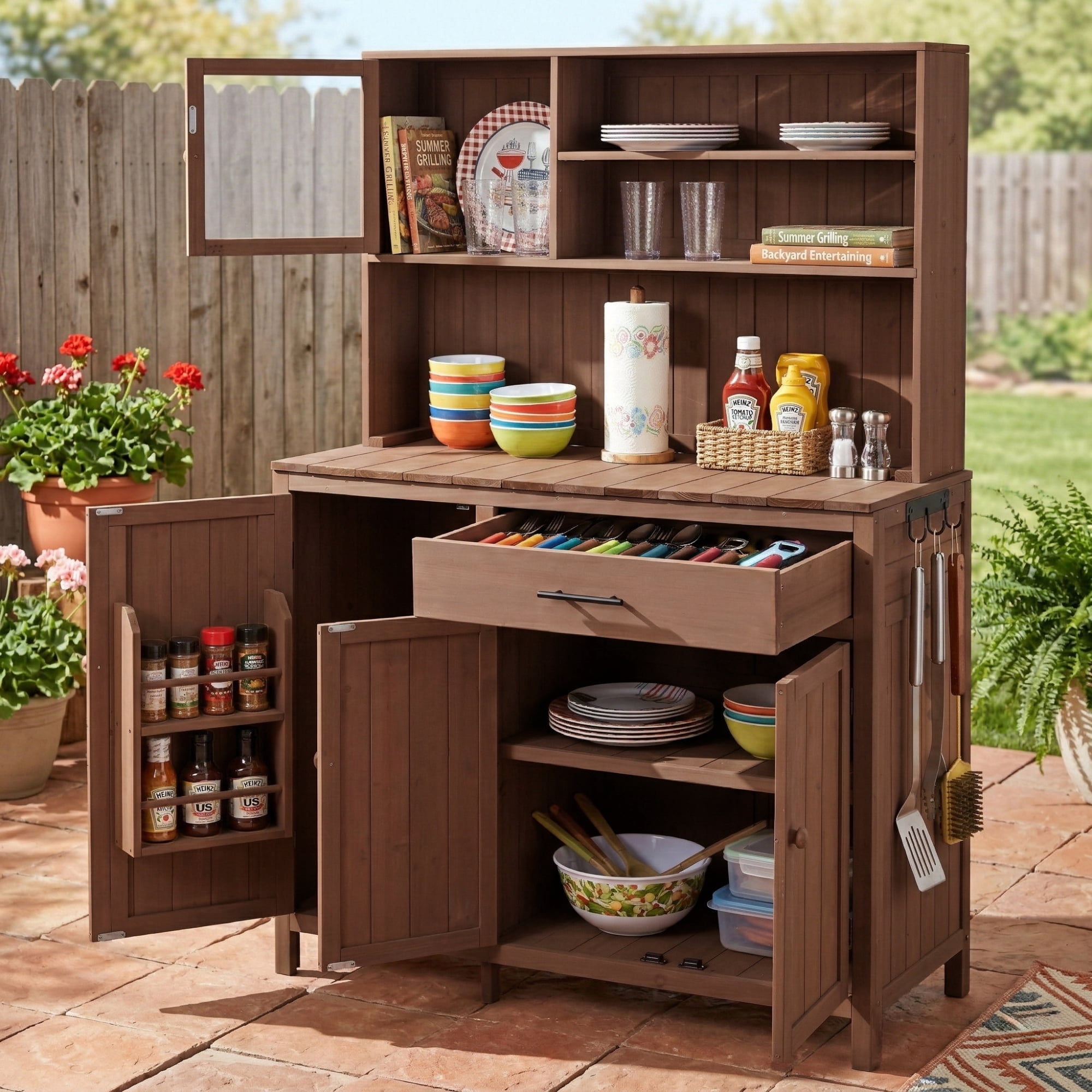 Mintazer 65" Outdoor Potting Bench with Drawer & Cabinets, Garden Workstation with Hutch & Spice Rack, Patio Kitchen Island with Adjustable Shelves & Side Hook, Brown