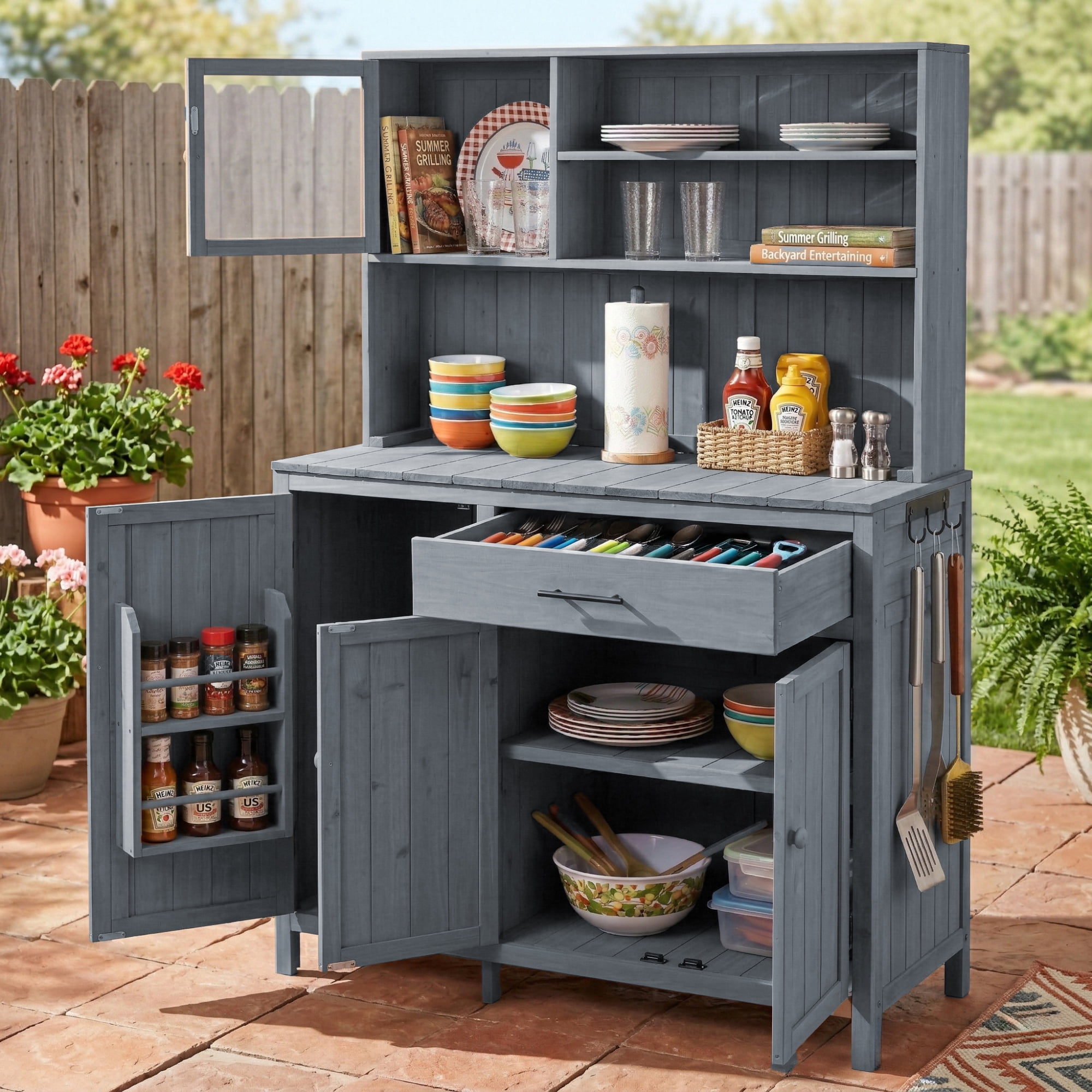 Mintazer 65" Outdoor Potting Bench with Drawer & Cabinets, Garden Workstation with Hutch & Spice Rack, Patio Kitchen Island with Adjustable Shelves & Side Hook, Gray