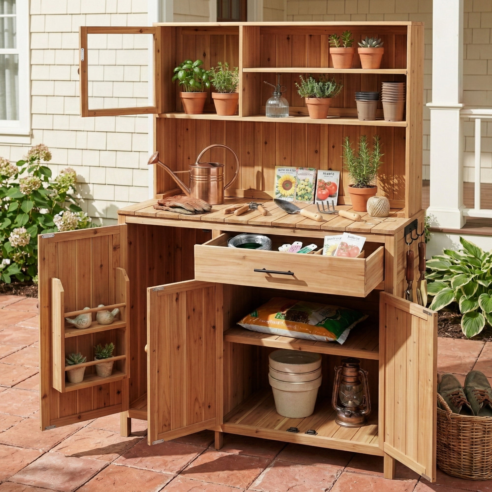 Mintazer 65" Outdoor Potting Bench with Drawer & Cabinets, Garden Workstation with Hutch & Spice Rack, Patio Kitchen Island with Adjustable Shelves & Side Hook, Natural