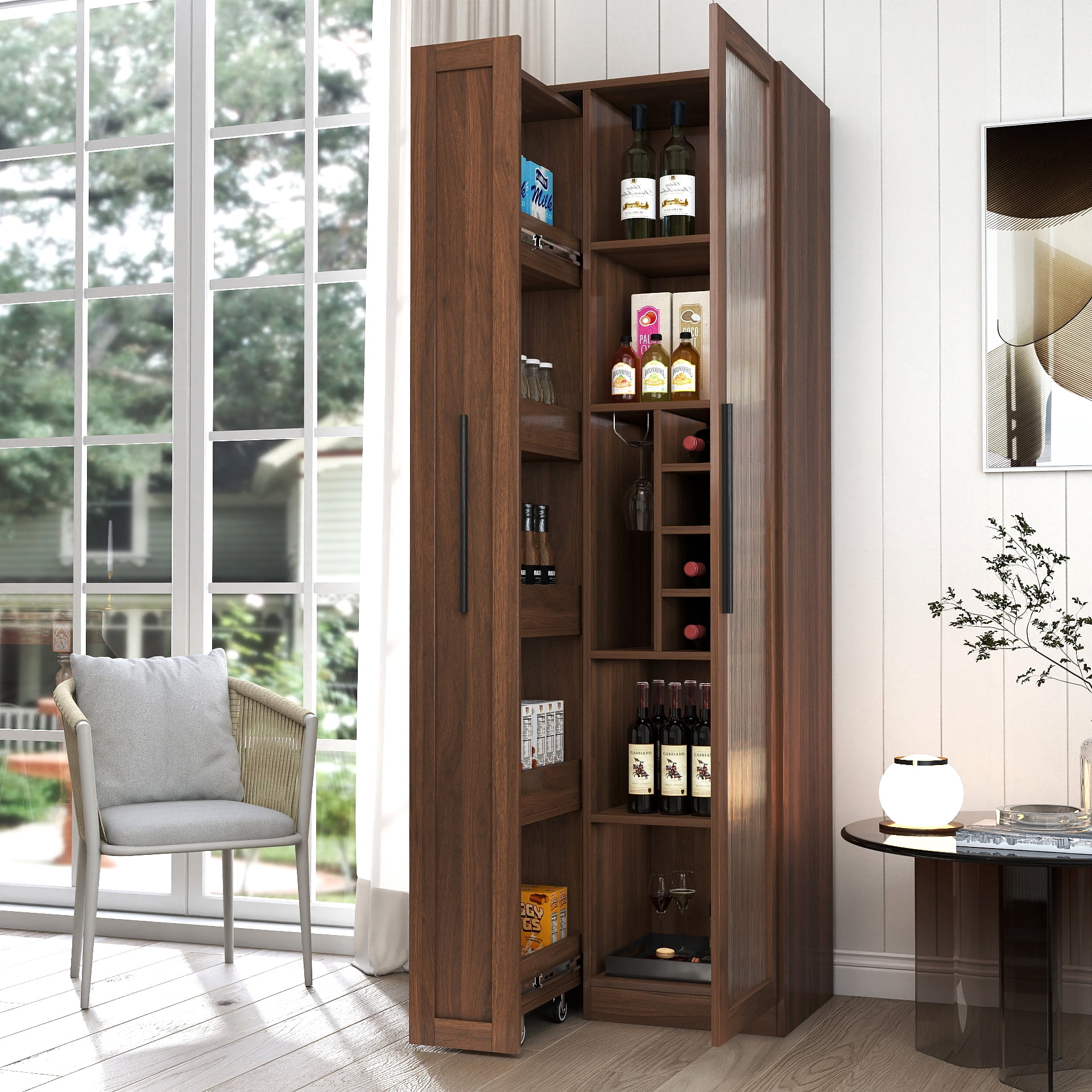 Mintazer 67.2" Tall Pull-Out Storage Pantry Cabinet with Glass Doors & Shelves, Farmhouse Storage Cabinet for Kitchen Bar Dining Room, Brown