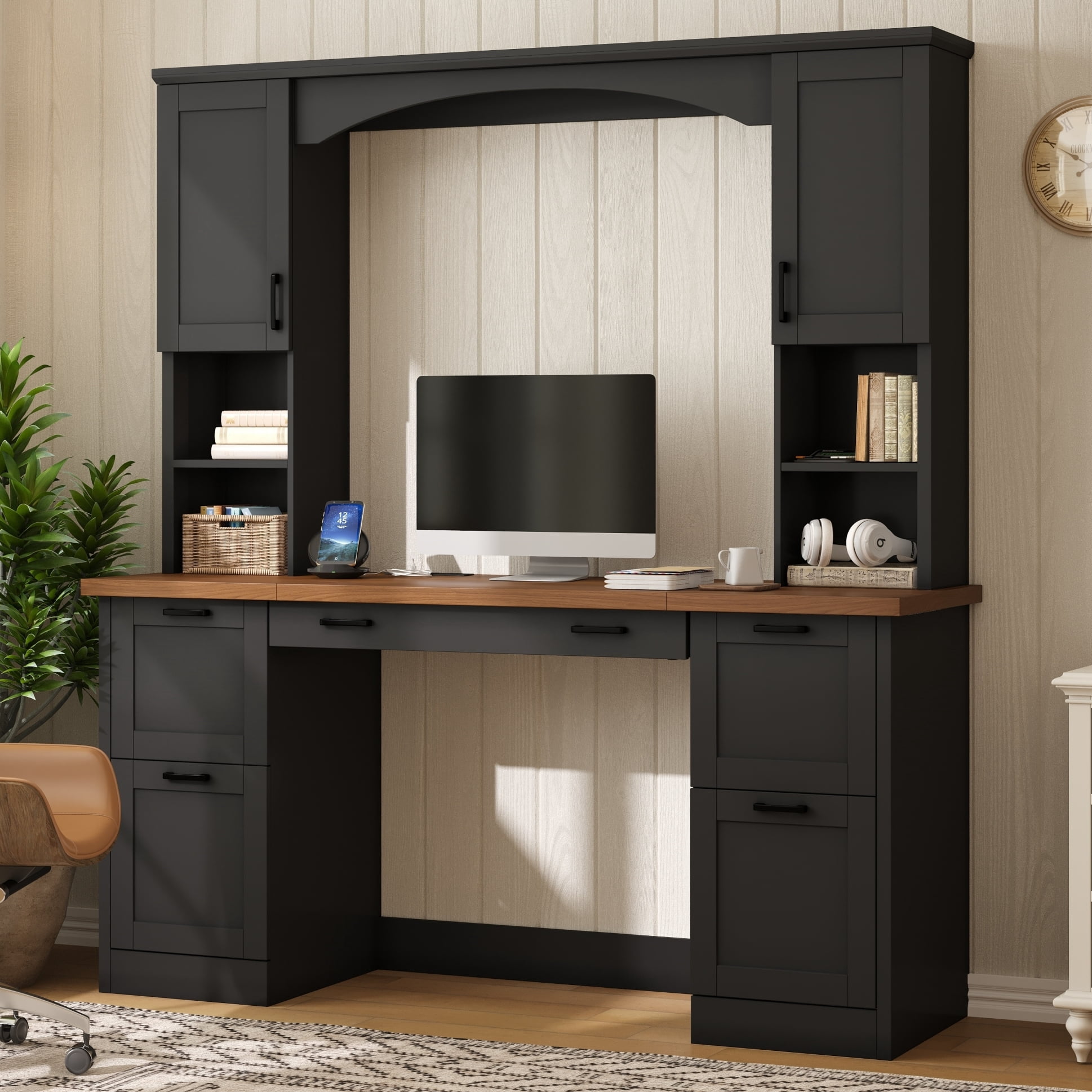 Mintazer 67.5" Farmhouse Arched Computer Desk with Hutch & File Drawer, Home Office Workstation with Charging Station & Keyboard Tray for Study Office, Black