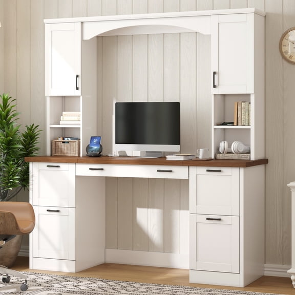 Mintazer 67.5" Farmhouse Arched Computer Desk with Hutch & File Drawer, Home Office Workstation with Charging Station & Keyboard Tray for Study Office, White