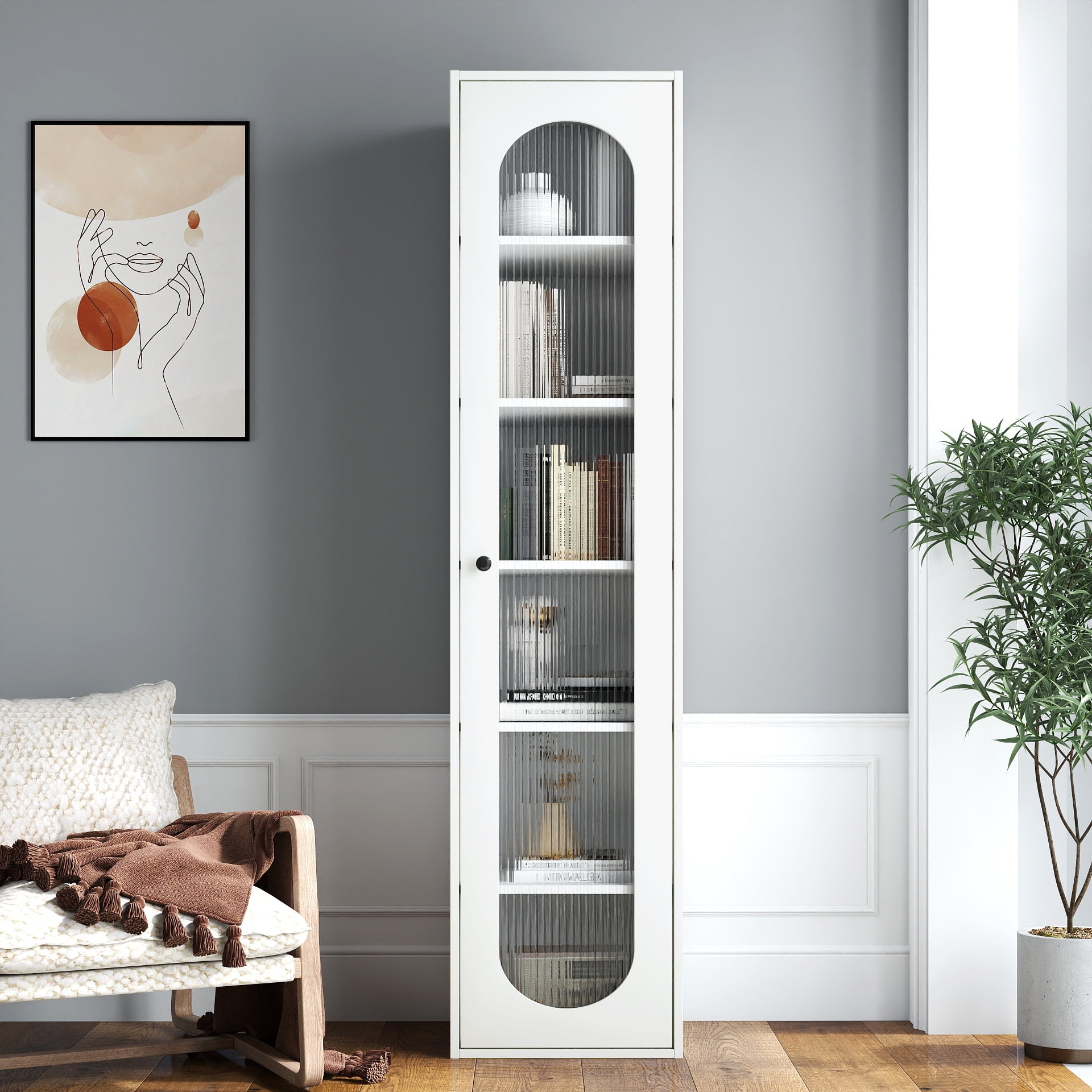 Mintazer 67" Tall Display Cabinet with Fluted Glass Door, 6 Tier Freestanding Storage Bookcase for Living Room Bedroom Home Office, White