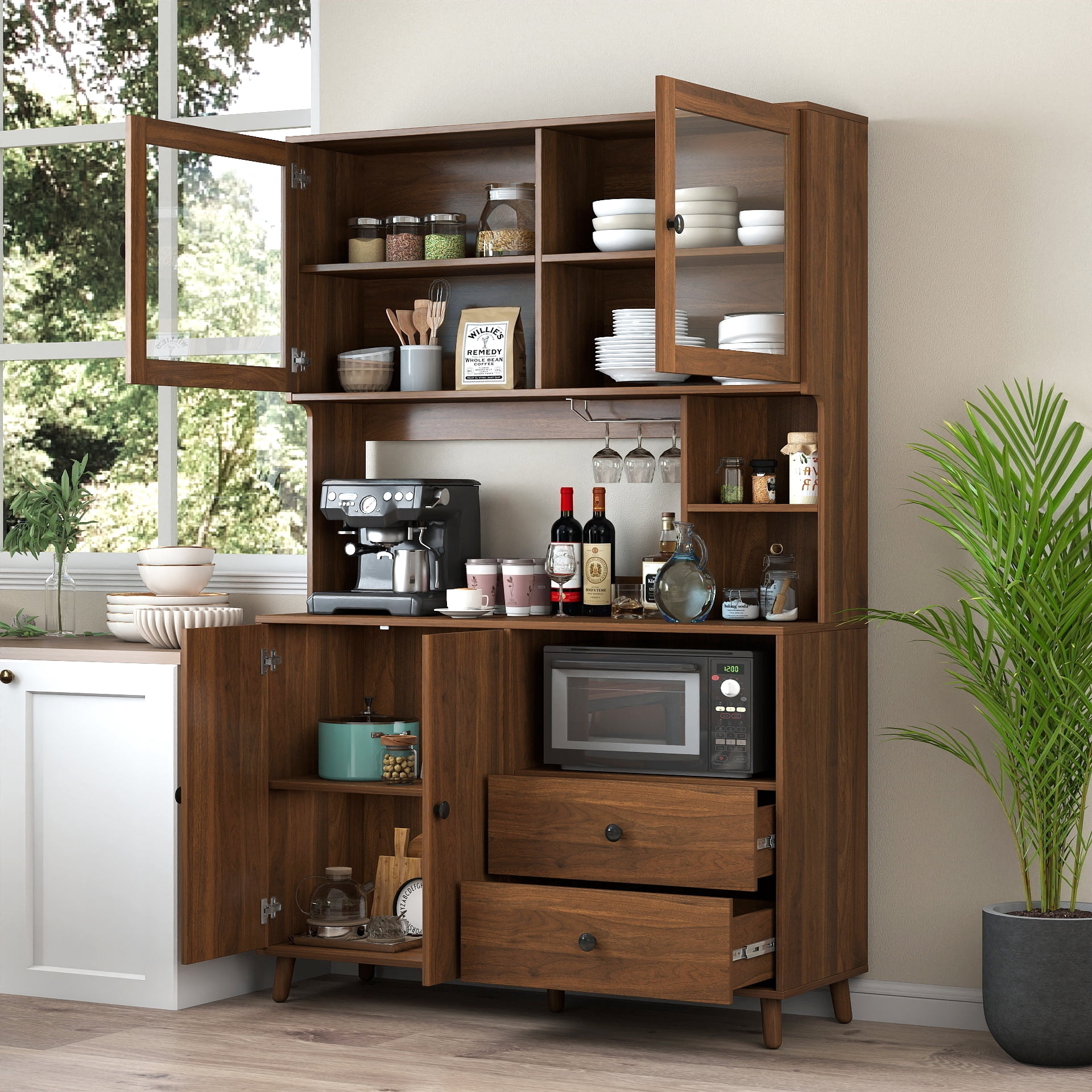 Mintazer 67" Tall Kitchen Pantry Cabinet, Large Storage Cupboard with Microwave Shelf & Drawers Sideboard for Dining Room,Kitchen,Walnut