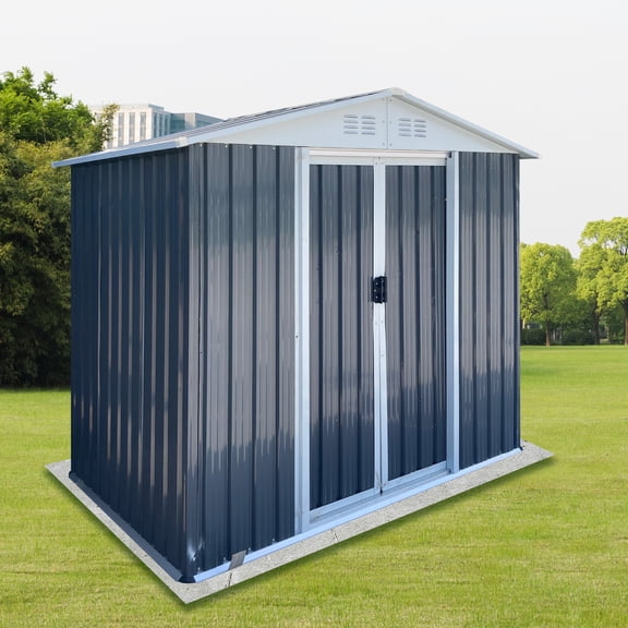 Mintazer 6x4 ft Apex Roof Outdoor Metal Storage Shed with & Lockable Sliding Double Doors, Ventilated Galvanized Steel Garden Tool Storage House for Backyard Patio Lawn, Grey