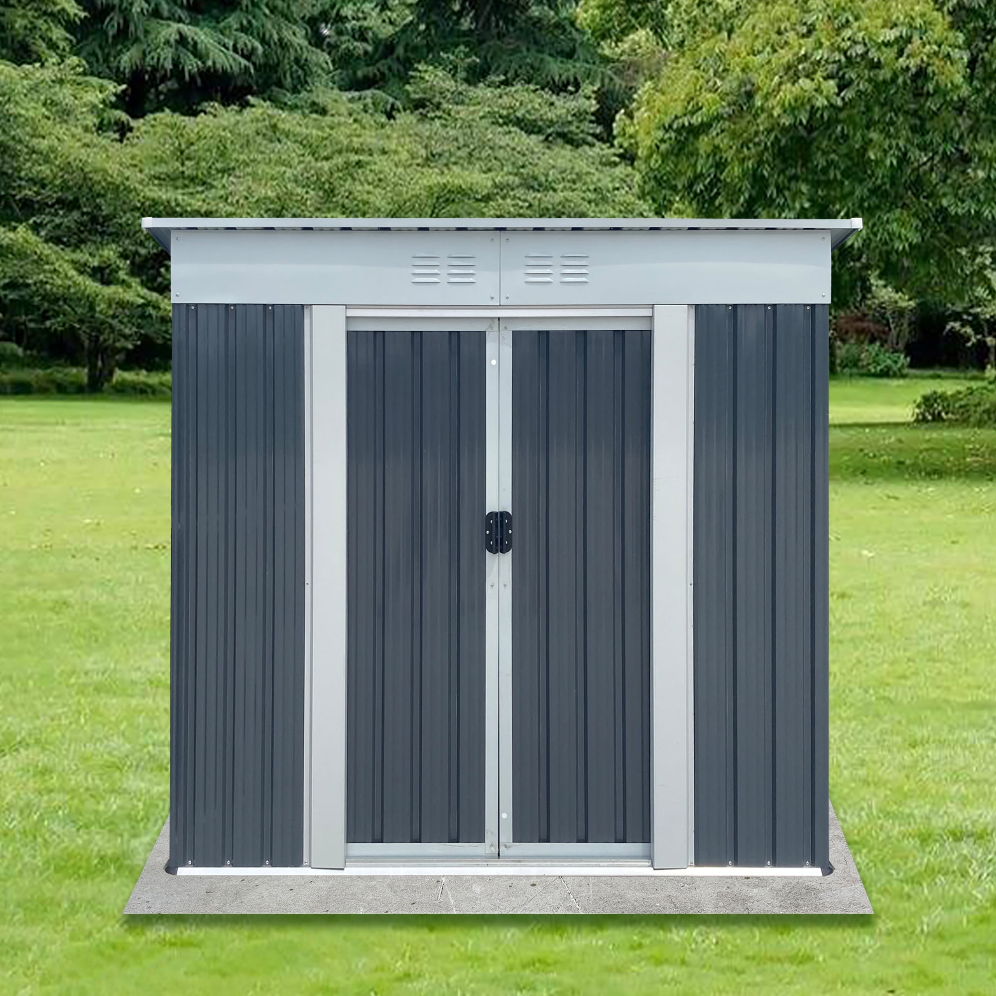 Mintazer 6x4 ft Pent Sloped Roof Outdoor Galvanized Metal Storage Shed with Lockable Sliding Double Doors & Top Vents, Weatherproof Garden Tool Storage House for Backyard Patio Lawn, Grey