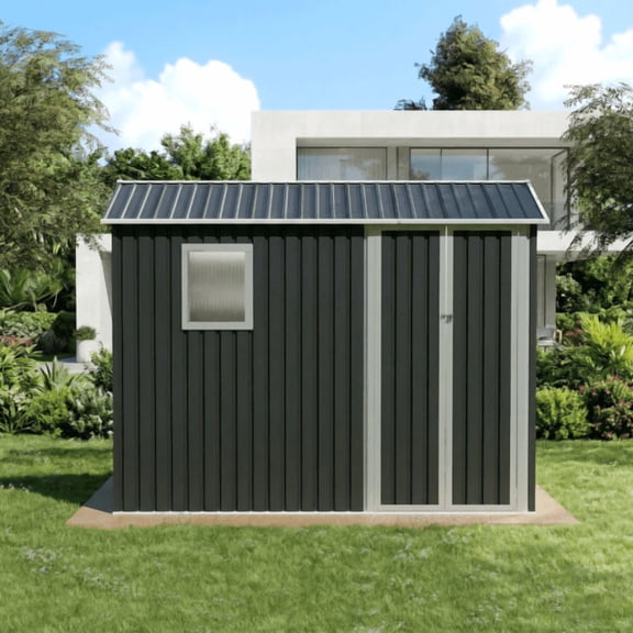 Mintazer 6x9 ft Gable Apex Roof Outdoor Metal Storage Shed with Lockable Double Doors & Fixed Translucent Light Window, Weatherproof Large Garden Tool Storage House for Backyard Patio Lawn, Dark Gray