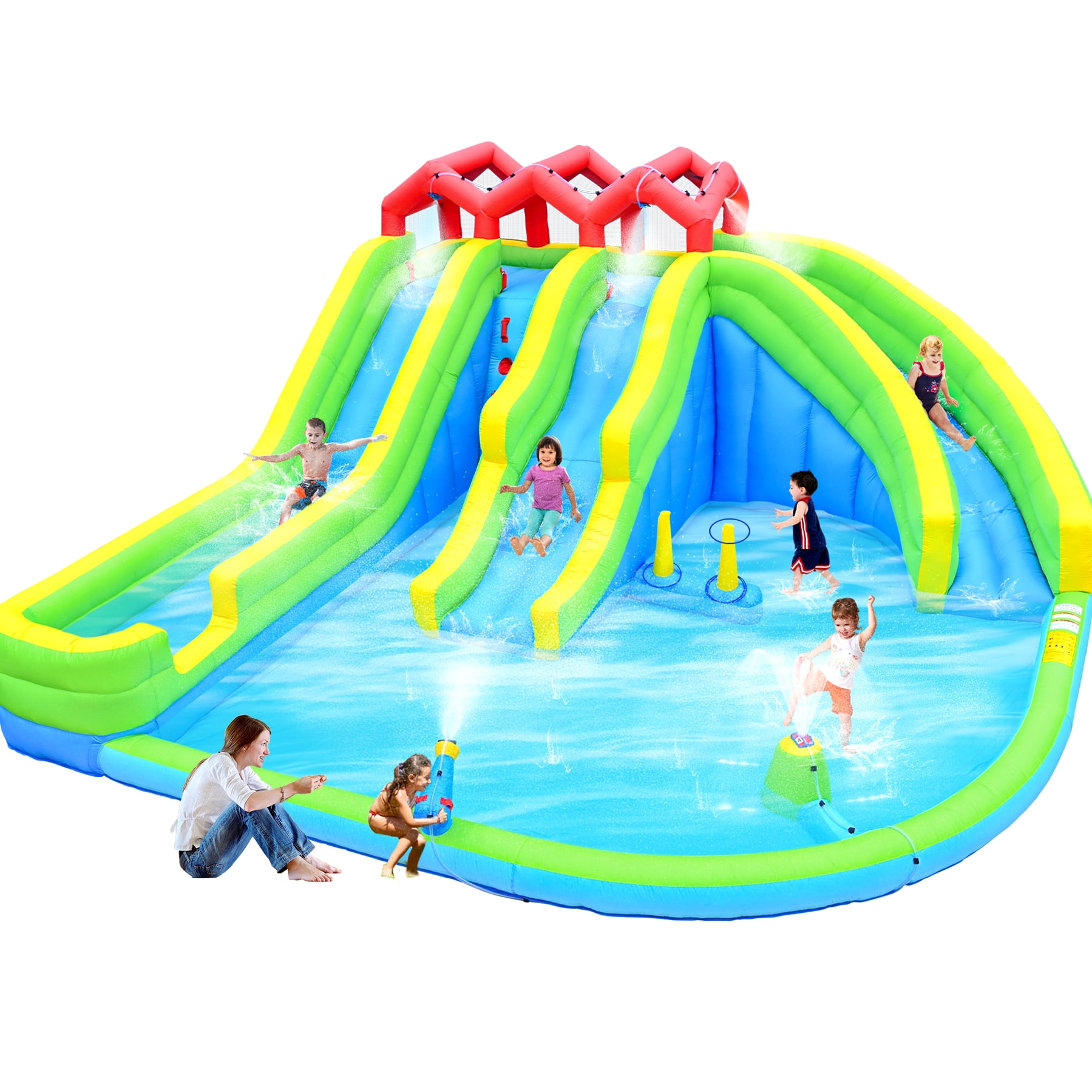 Mintazer 7-in-1 Inflatable Bounce House with Blower, 3 Slides Play Castle with Sprinkler Fountain, Climbing Wall & Water Gun for Children, Indoor & Outdoor