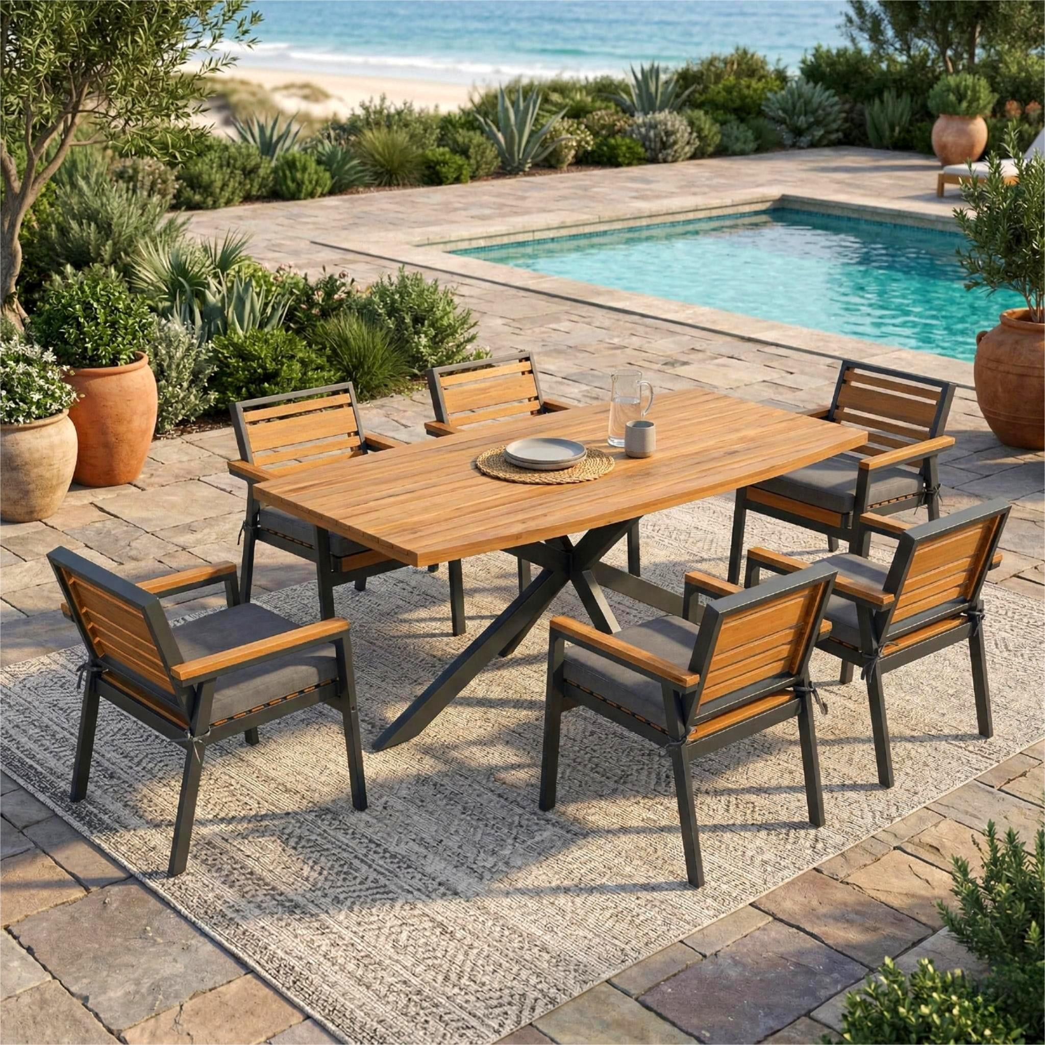 Mintazer 7-Piece Patio Dining Set, Modern Outdoor Furniture Set with Rectangular Table & 6 Detachable Cushions Chairs for Patio Garden Balcony Backyard, Grey & Natural