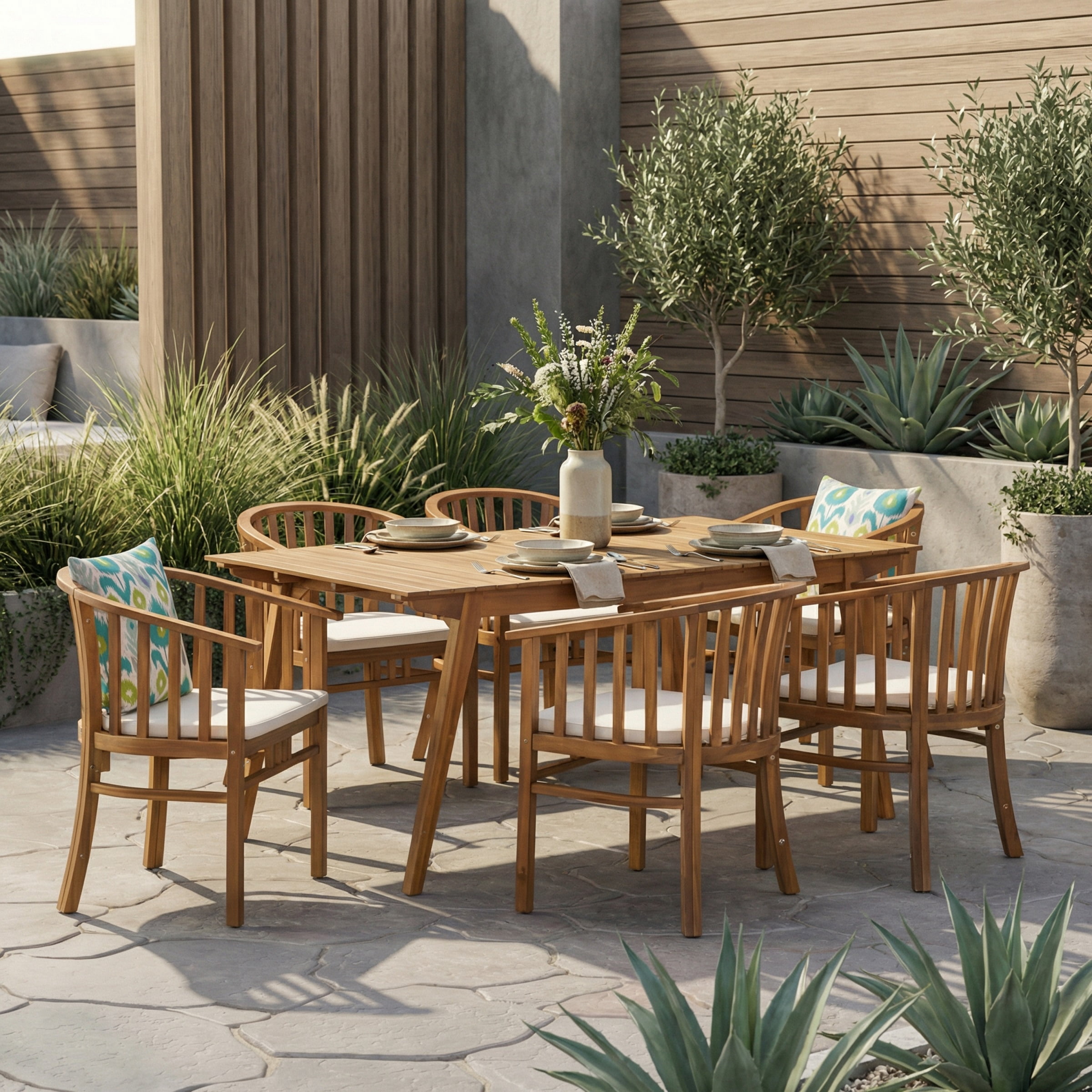 Mintazer 7-Piece Patio Dining Set, Patio Outdoor Dining Set with Rectangular Table & 6 Arm Chairs, Patio Furniture Sets with Water-Resistant Cushions, Natural
