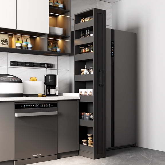 Mintazer 70.75" Tell Pull-Out Pantry Cabinet, 7-Tier Kitchen Storage Carts with Storage Shelf for Kitchen Living Room, Black