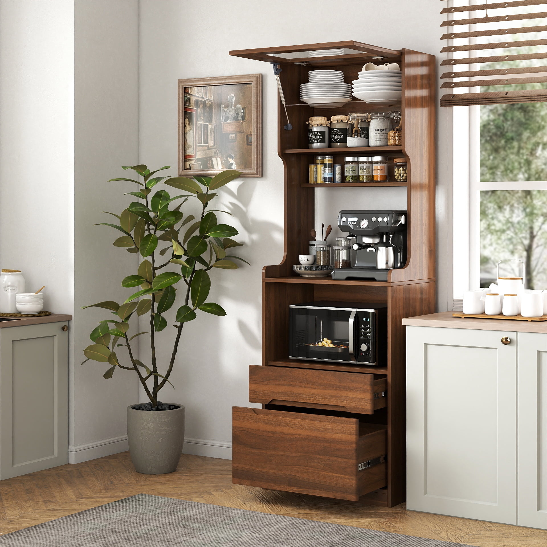 Mintazer 70.8" Tall Kitchen Pantry Cabinet with Coffee Station & Microwave Stand, Farmhouse Buffet Cabinet with Shelves & Drawer for Kitchen Bar Dining Room, Brown