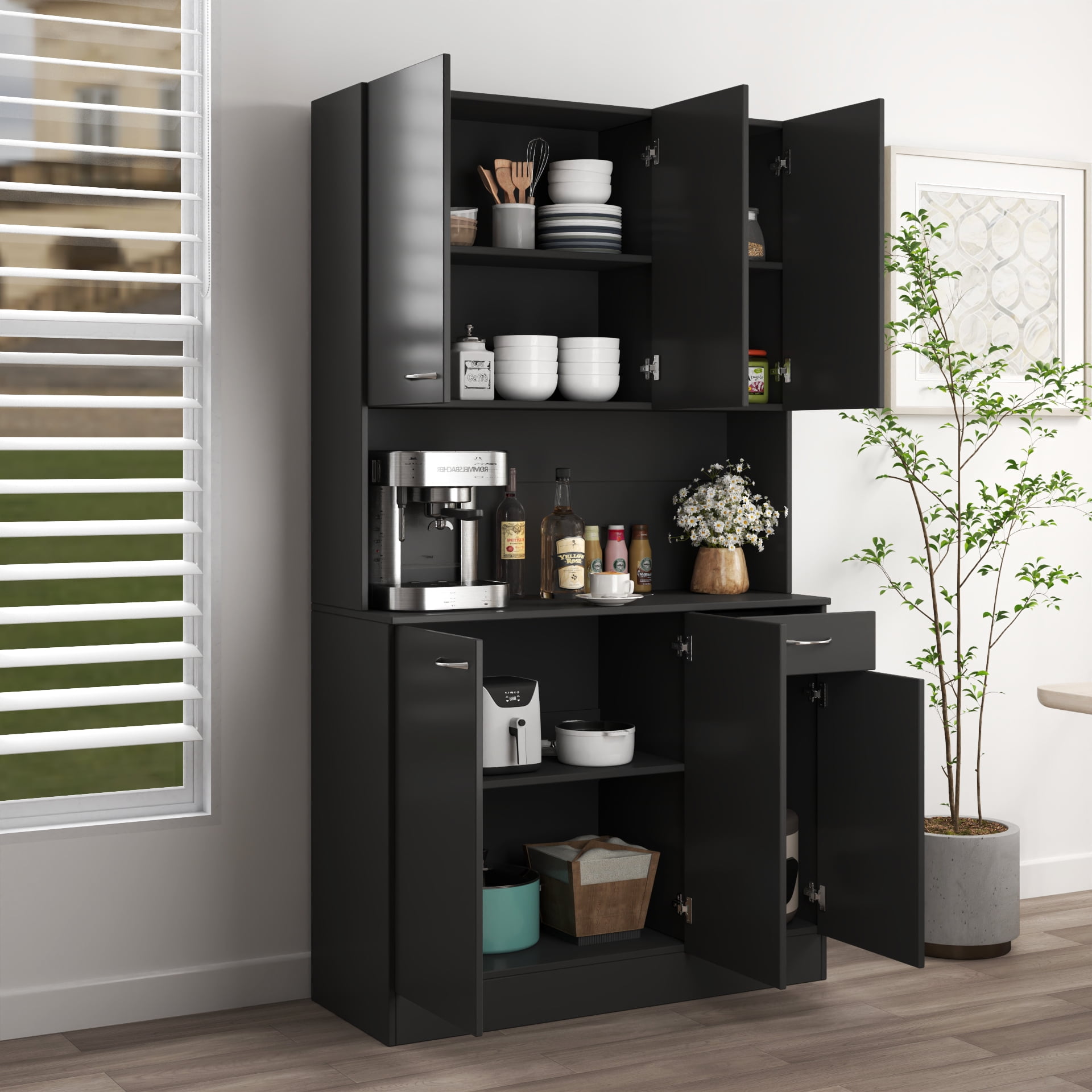 Mintazer 70.8" Tall Kitchen Pantry Cabinet with Open Shelf, Freestanding Food Storage Cabinet with Drawer & 6 Doors for Hallway Living Room Kitchen, Black