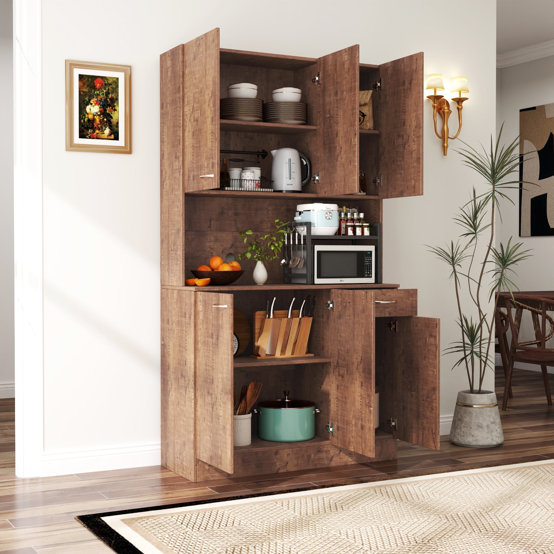 Mintazer 70.8" Tall Kitchen Pantry Cabinet with Open Shelf, Freestanding Food Storage Cabinet with Drawer & 6 Doors for Hallway Living Room Kitchen, Brown