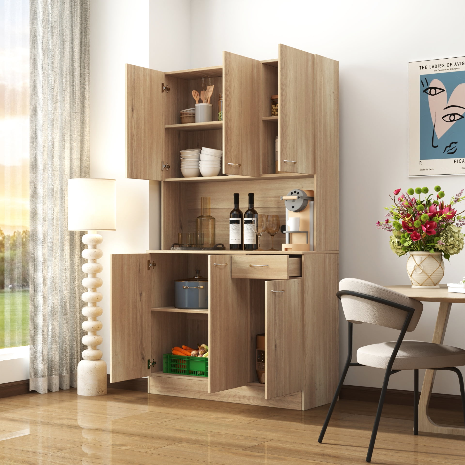 Mintazer 70.8" Tall Kitchen Pantry Cabinet with Open Shelf, Freestanding Food Storage Cabinet with Drawer & 6 Doors for Hallway Living Room Kitchen, Vatural