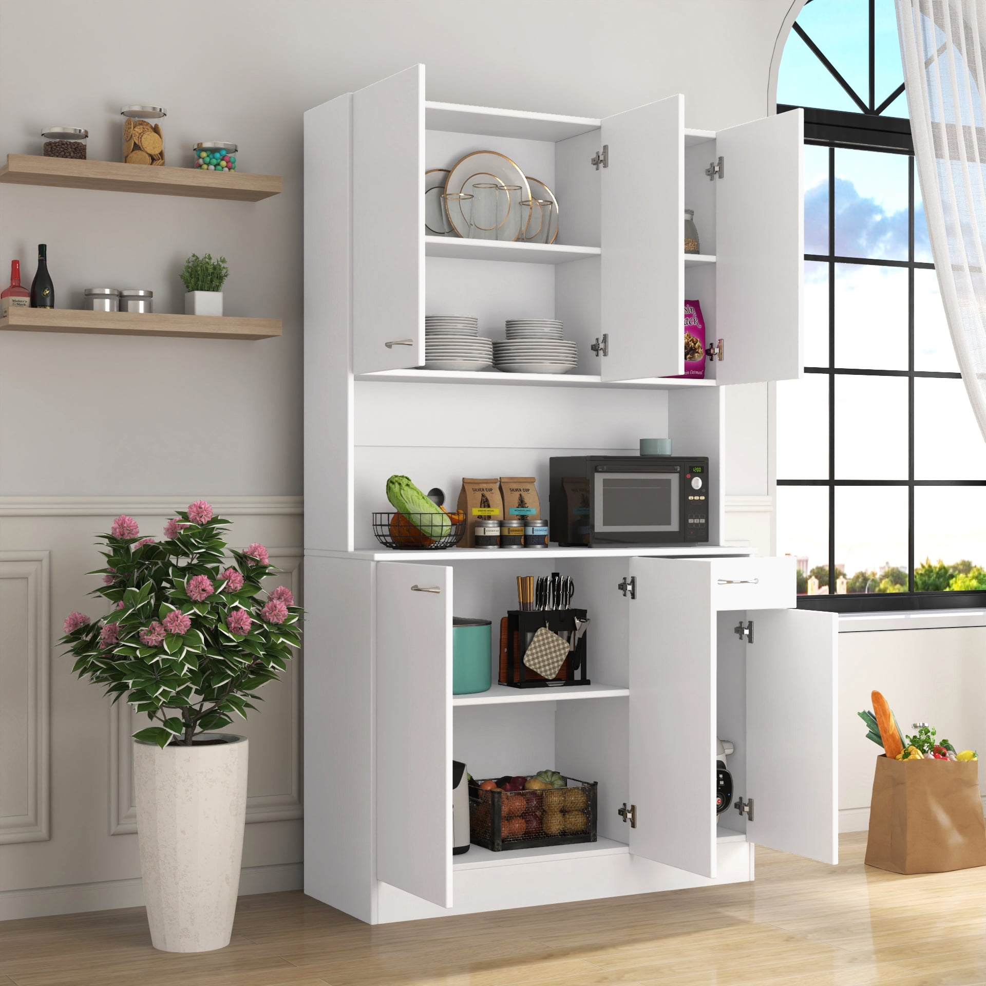 Mintazer 70.8" Tall Kitchen Pantry Cabinet with Open Shelf, Freestanding Food Storage Cabinet with Drawer & 6 Doors for Hallway Living Room Kitchen, White