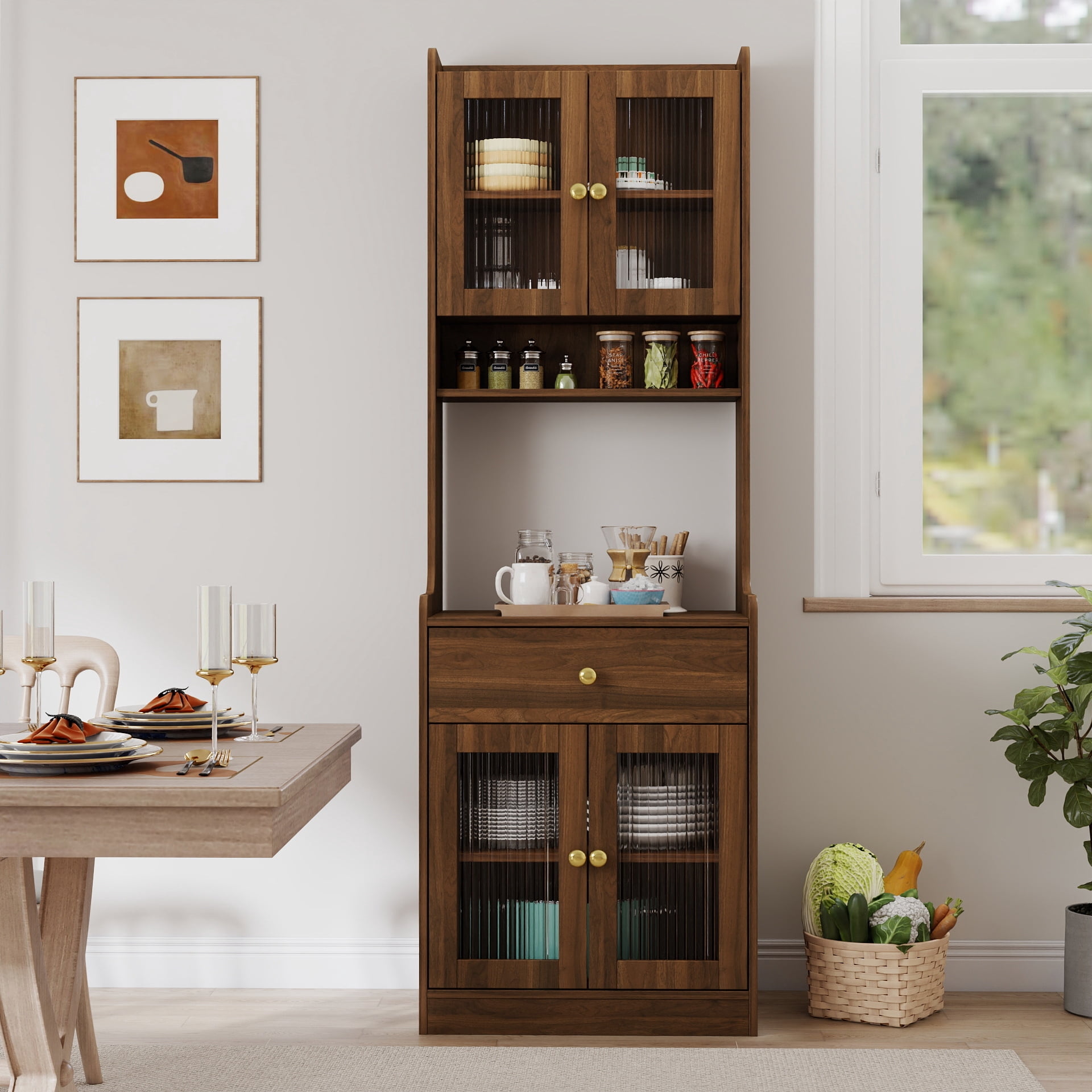 Mintazer 70.8" Tall Kitchen Pantry Cabinet with Drawer, Freestanding Buffet Hutch with Glass Doors & Microwave Stand for Kitchen Dining Room, Brown